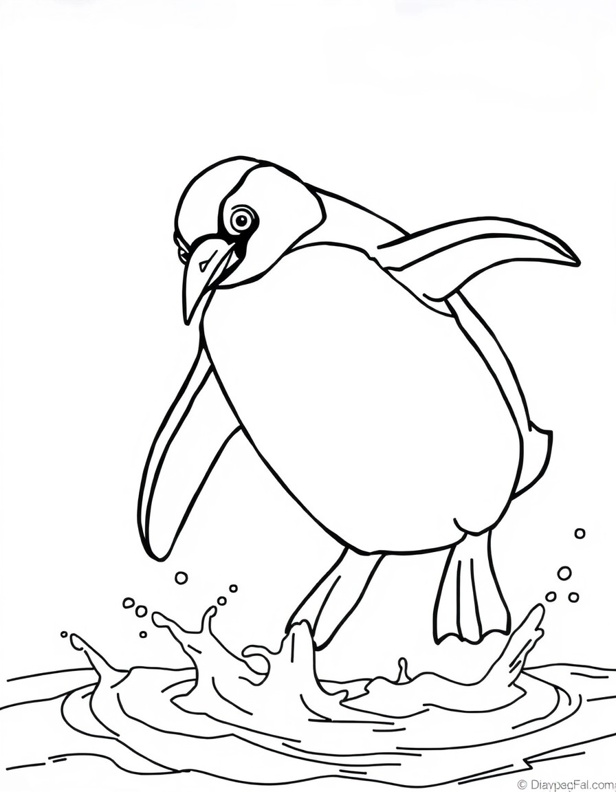 A penguin diving into the water with splashes around.