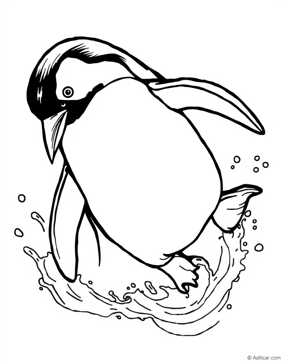 A penguin diving into the water with splashes around.