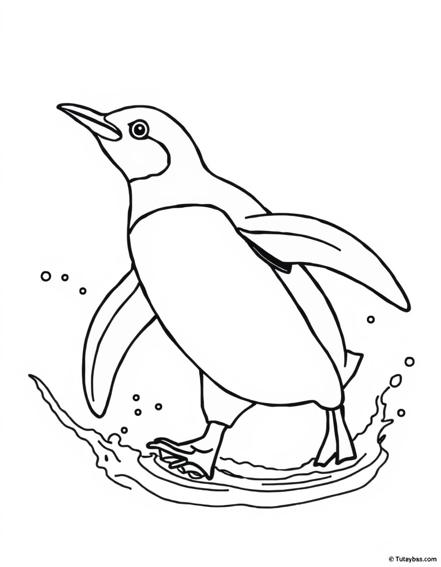 A penguin diving into the water with splashes around.
