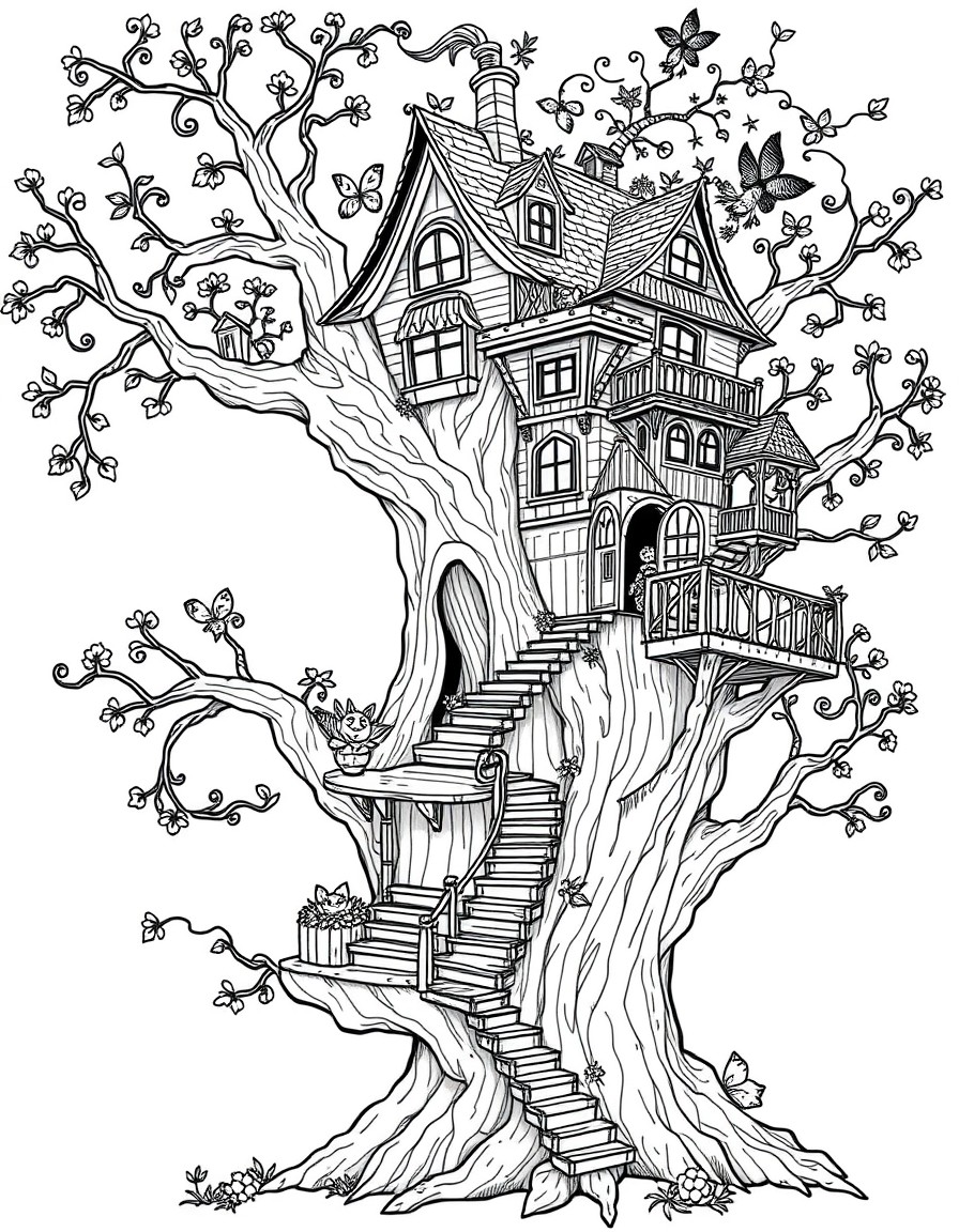 A fairy-tale treehouse with winding staircases and hidden creatures peeking out