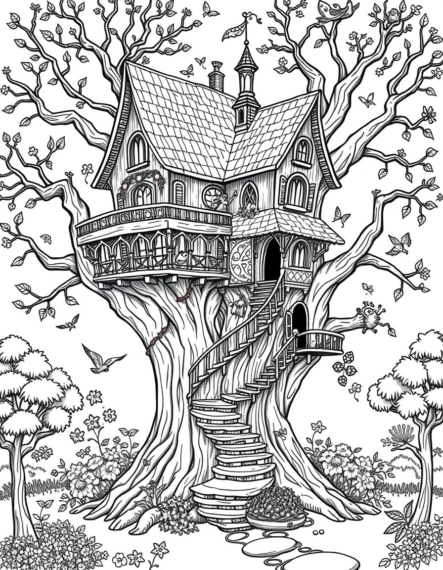 A fairy-tale treehouse with winding staircases and hidden creatures peeking out