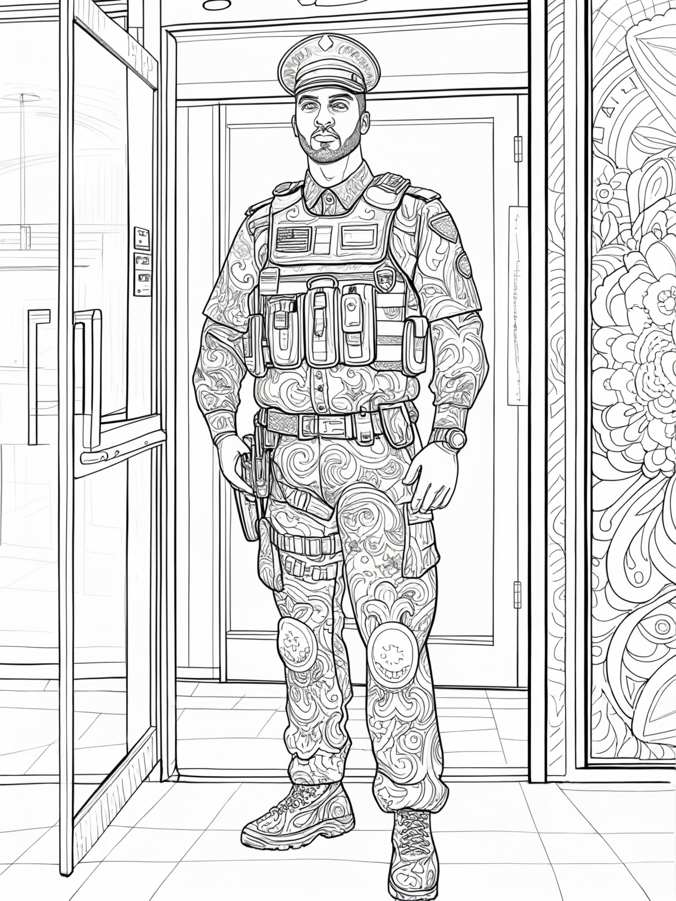 A colorful security guard guarding the entrance