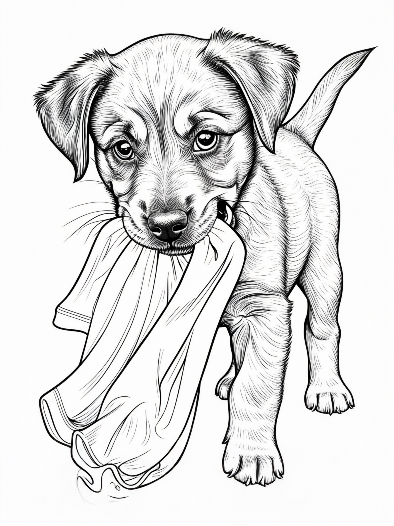 A playful puppy stealing a piece of laundry.