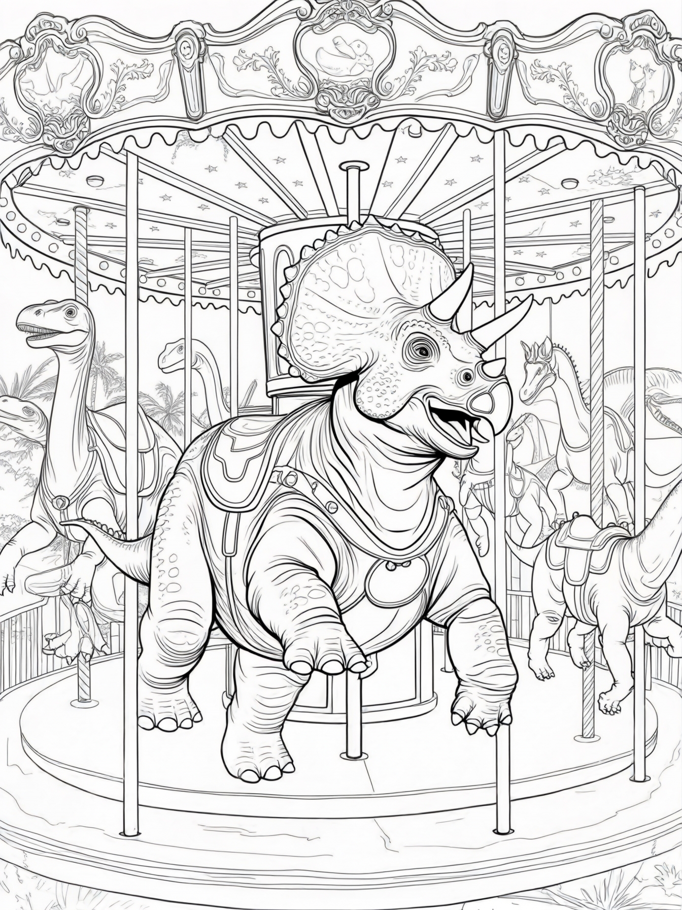 A Triceratops happily riding a carnival carousel with other dinosaurs in the background.
