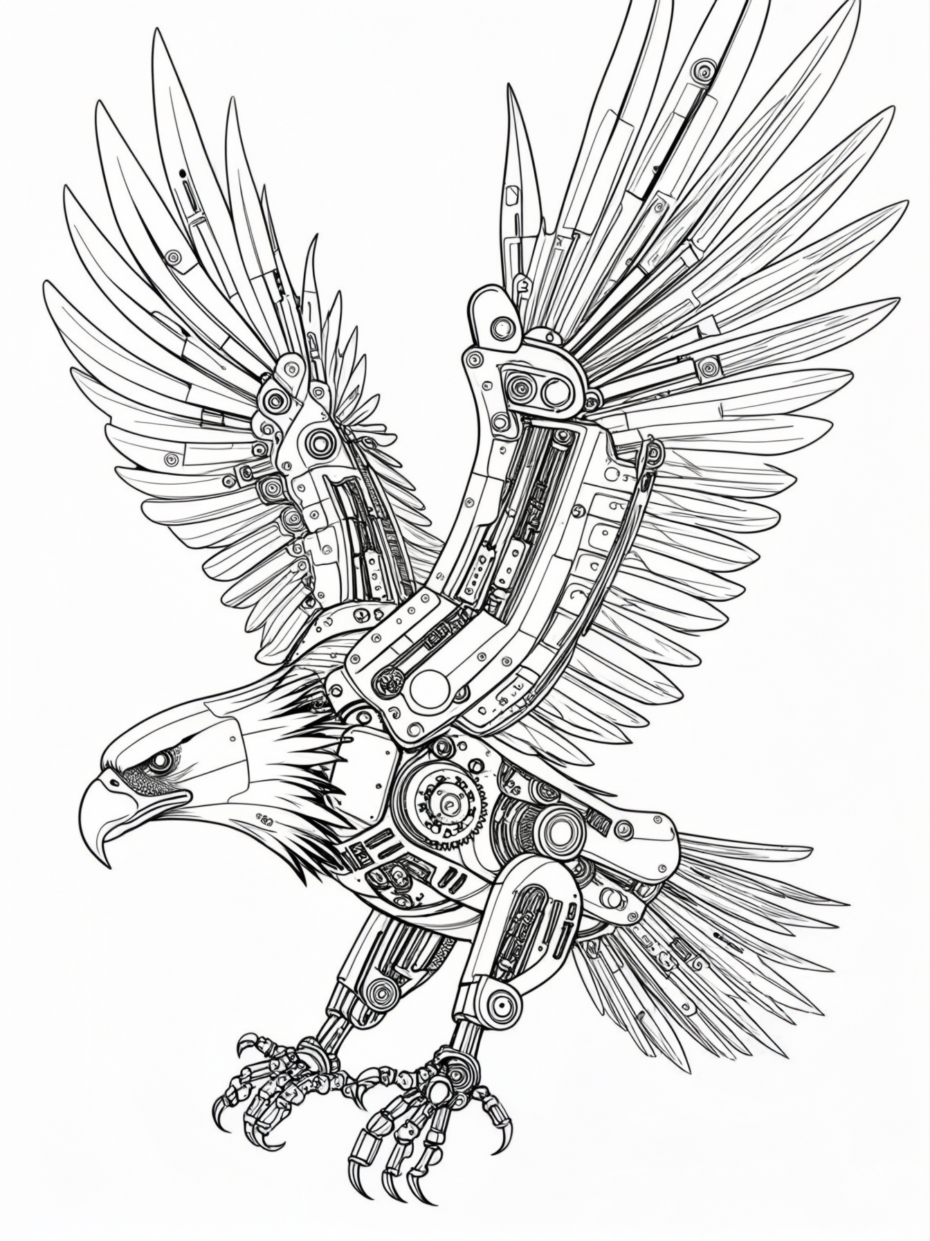 A robotic eagle soaring through the sky with metallic wings