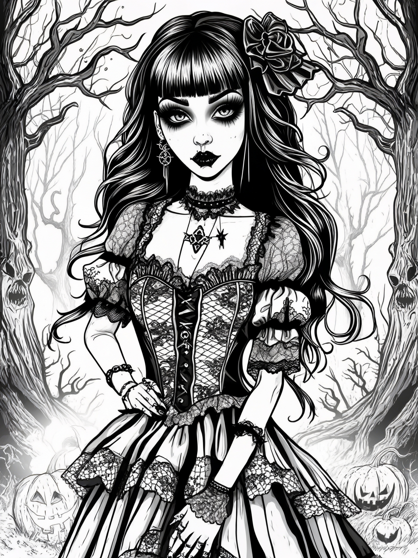 A stylish goth girl in a haunted forest with mystical elements.