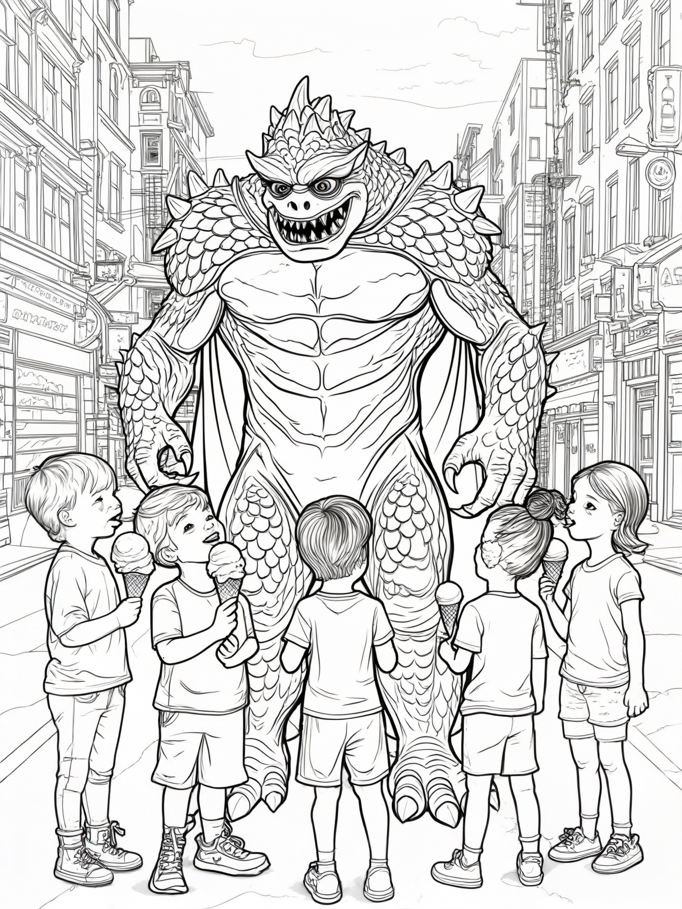 A superhero monster sharing ice cream with kids on the street