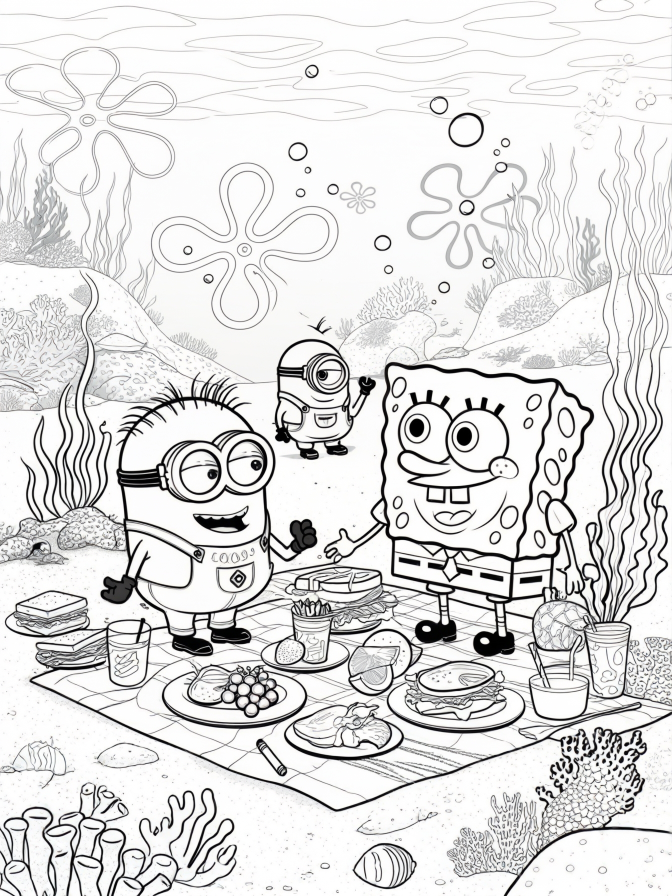 SpongeBob and Minions having a picnic under the sea.