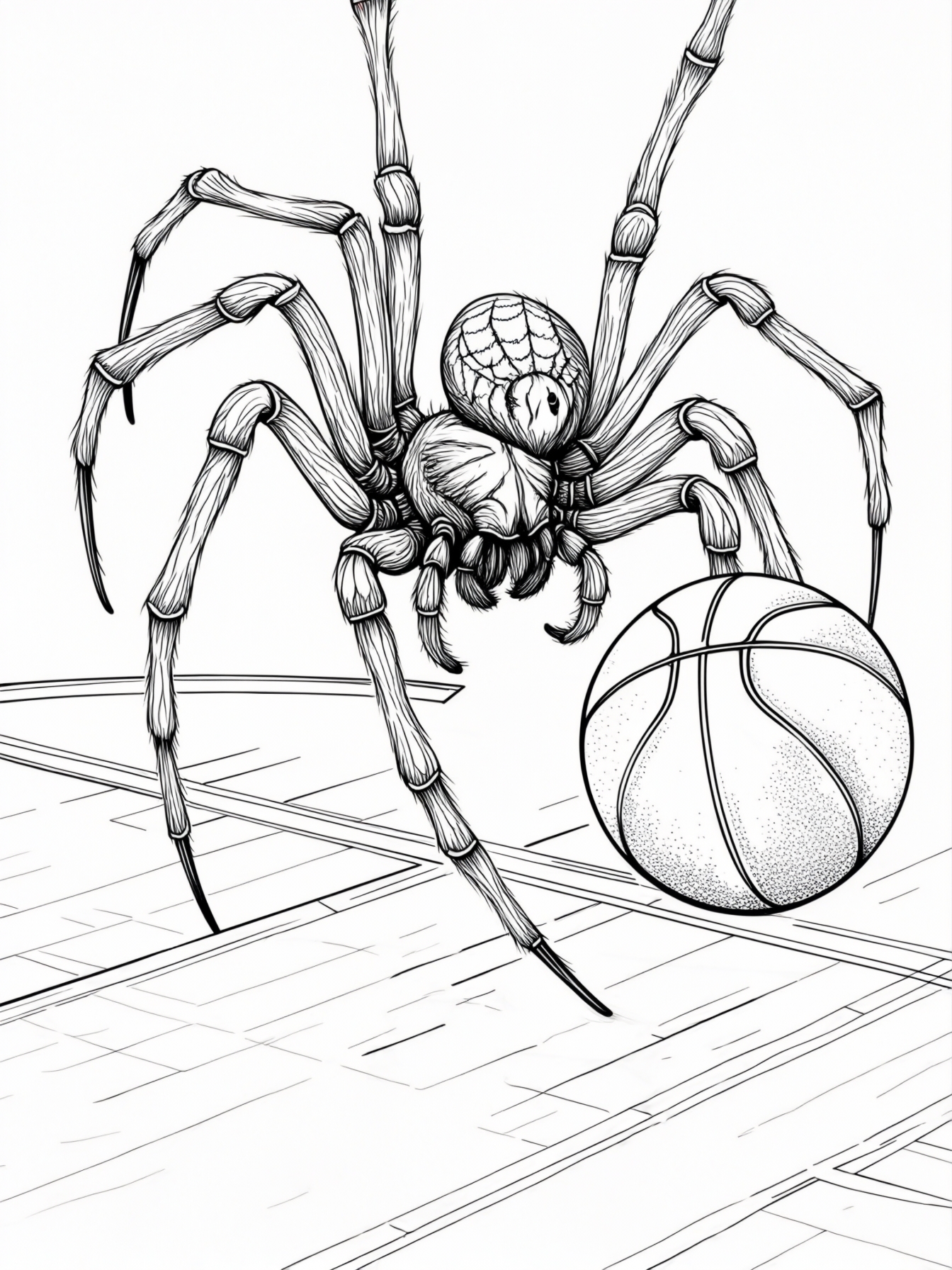 A spider dribbling a basketball on a court.