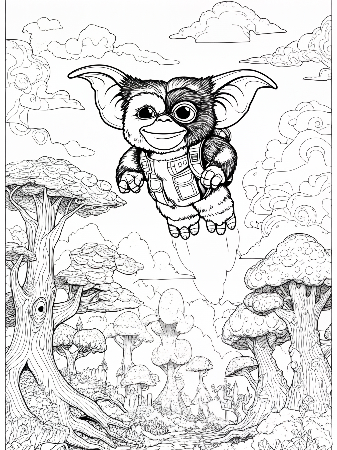 Illustrate Gizmo flying with a jetpack over a magical land filled with fluffy clouds and whimsical trees.