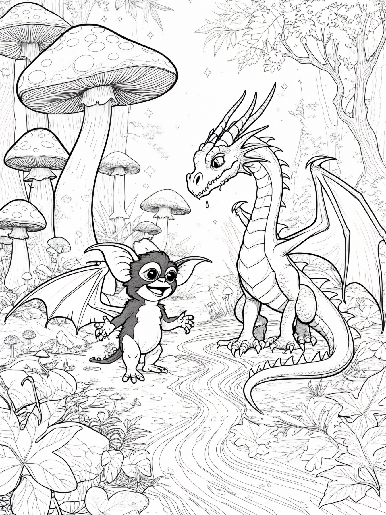 Create a scene of Gizmo meeting a friendly dragon in an enchanted forest with giant mushrooms and sparkling streams.