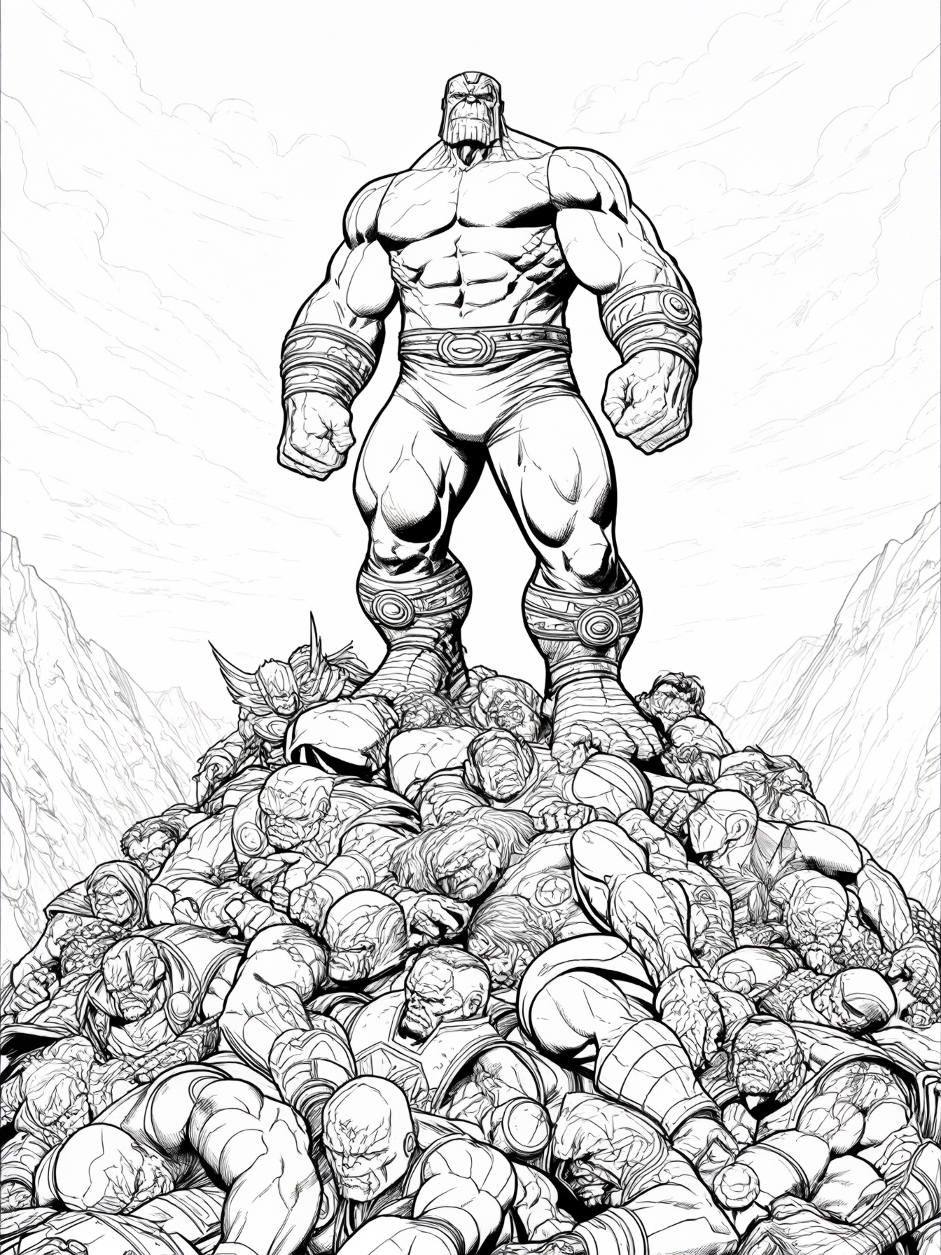 Thanos standing atop a mountain of defeated foes