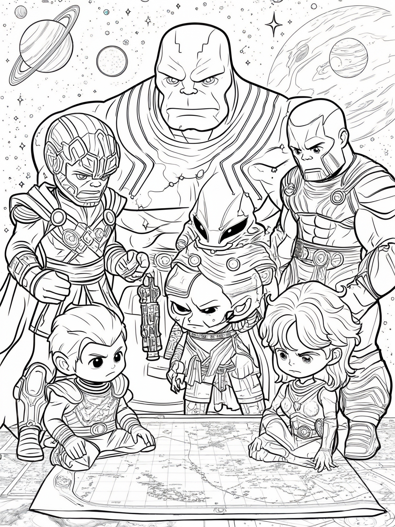 Mini Thanos and his friends planning cosmic adventures