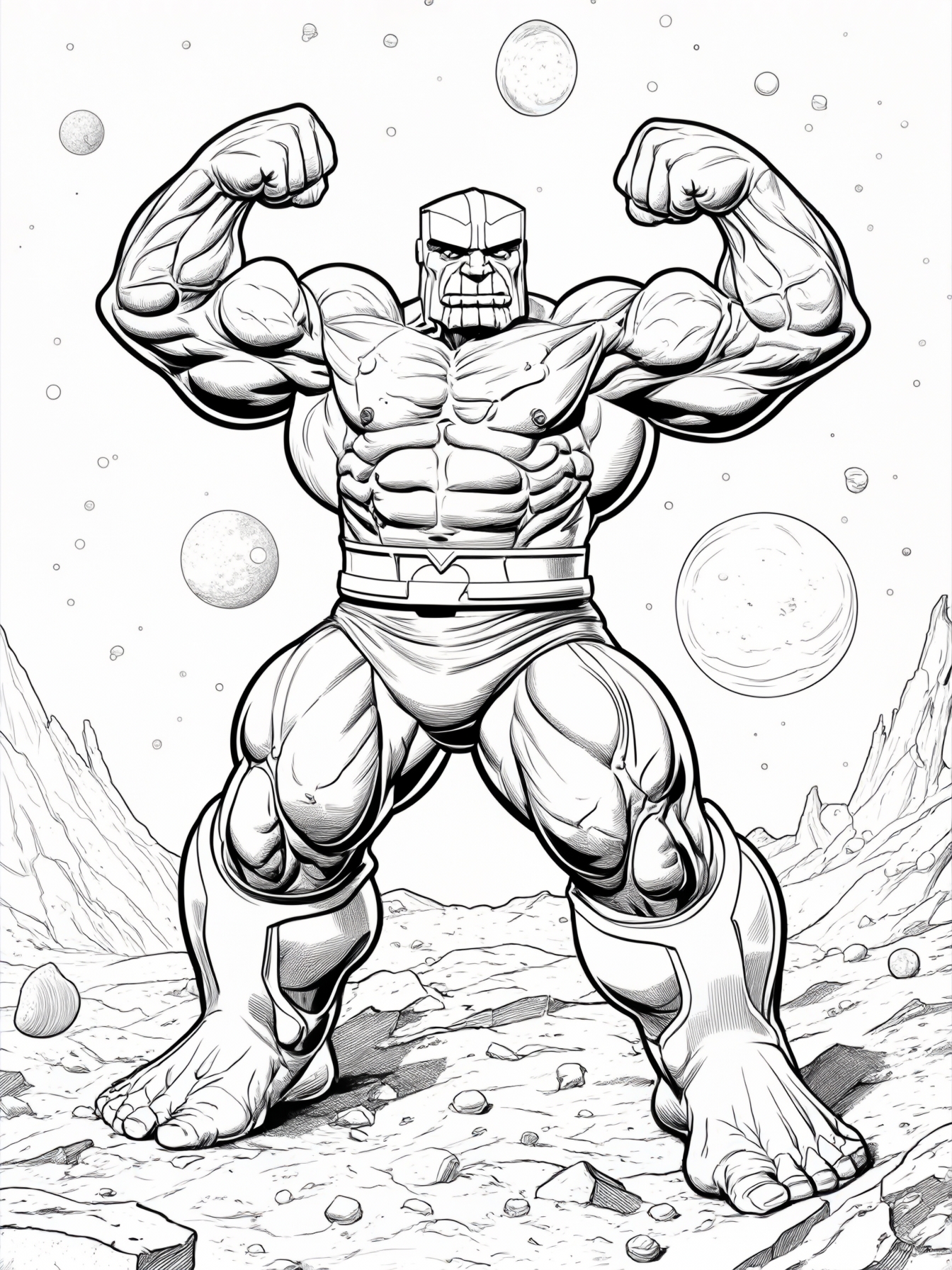 Mini Thanos flexing his muscles on a rocky planet