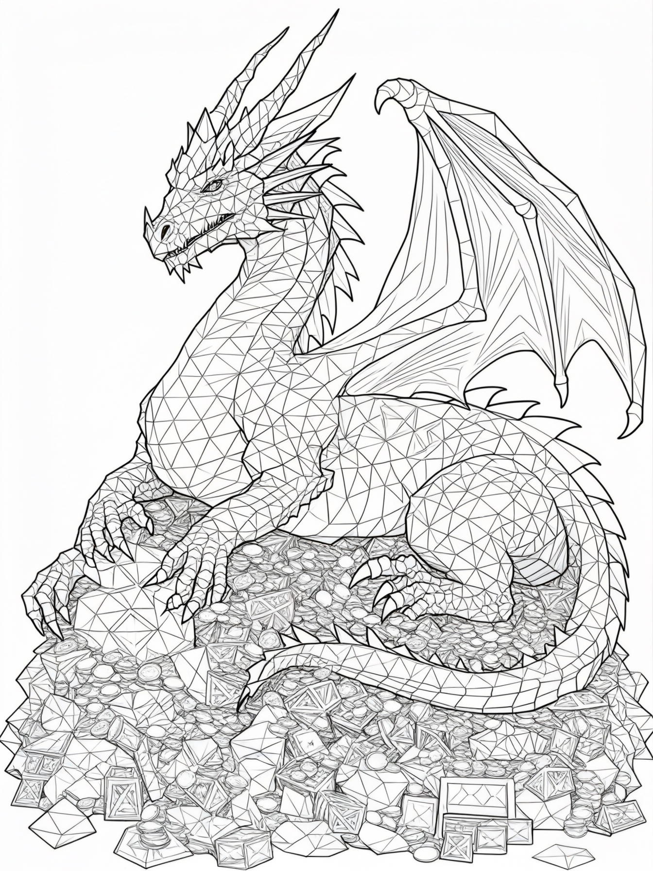 A dragon made entirely of shapes, lounging on a pile of treasure.