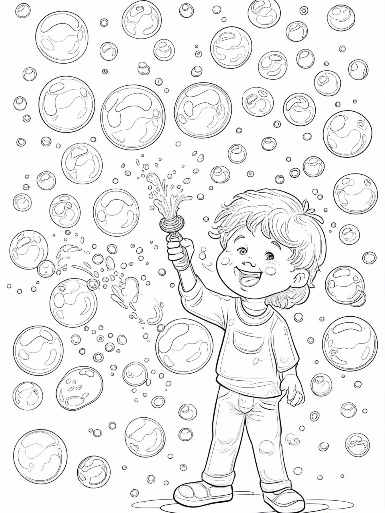 A child joyfully using a bubble wand to create a stream of bubbles.