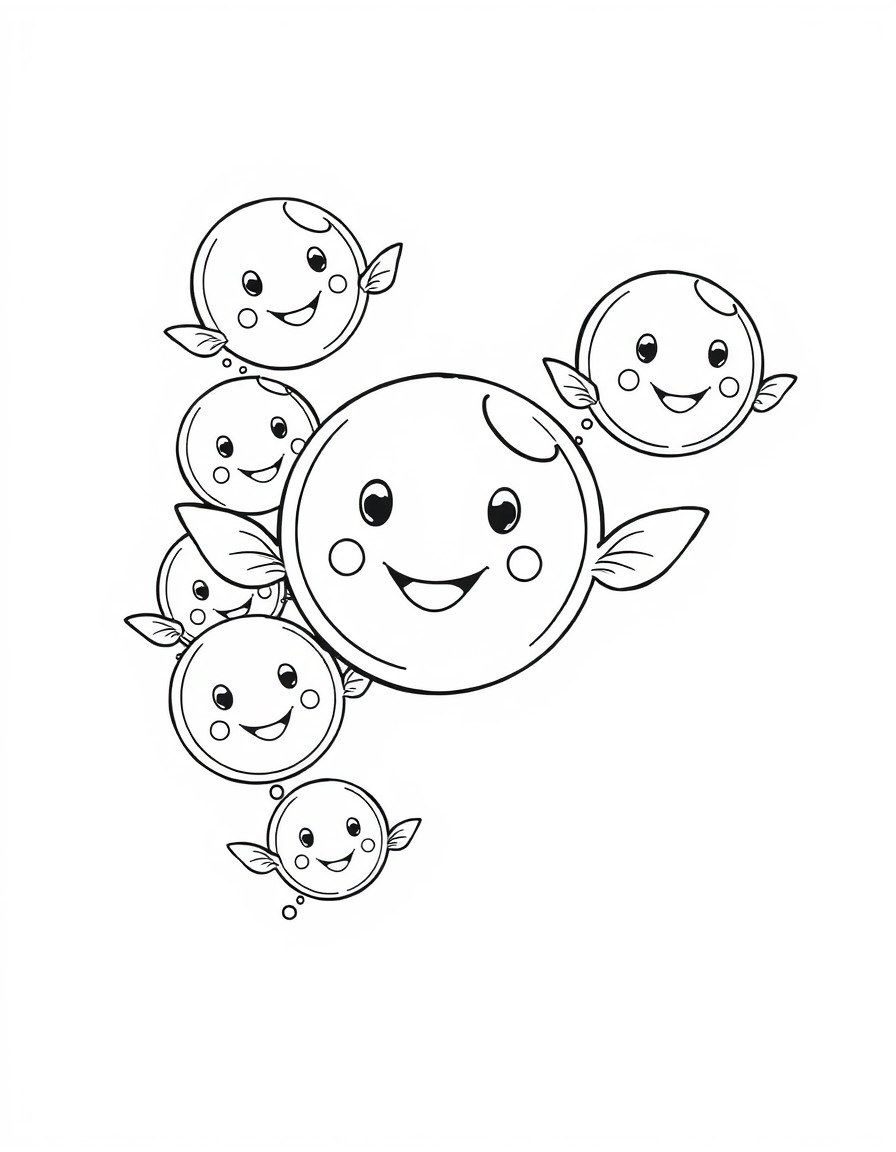 A group of bubbles with smiling faces and tiny wings, flying around.