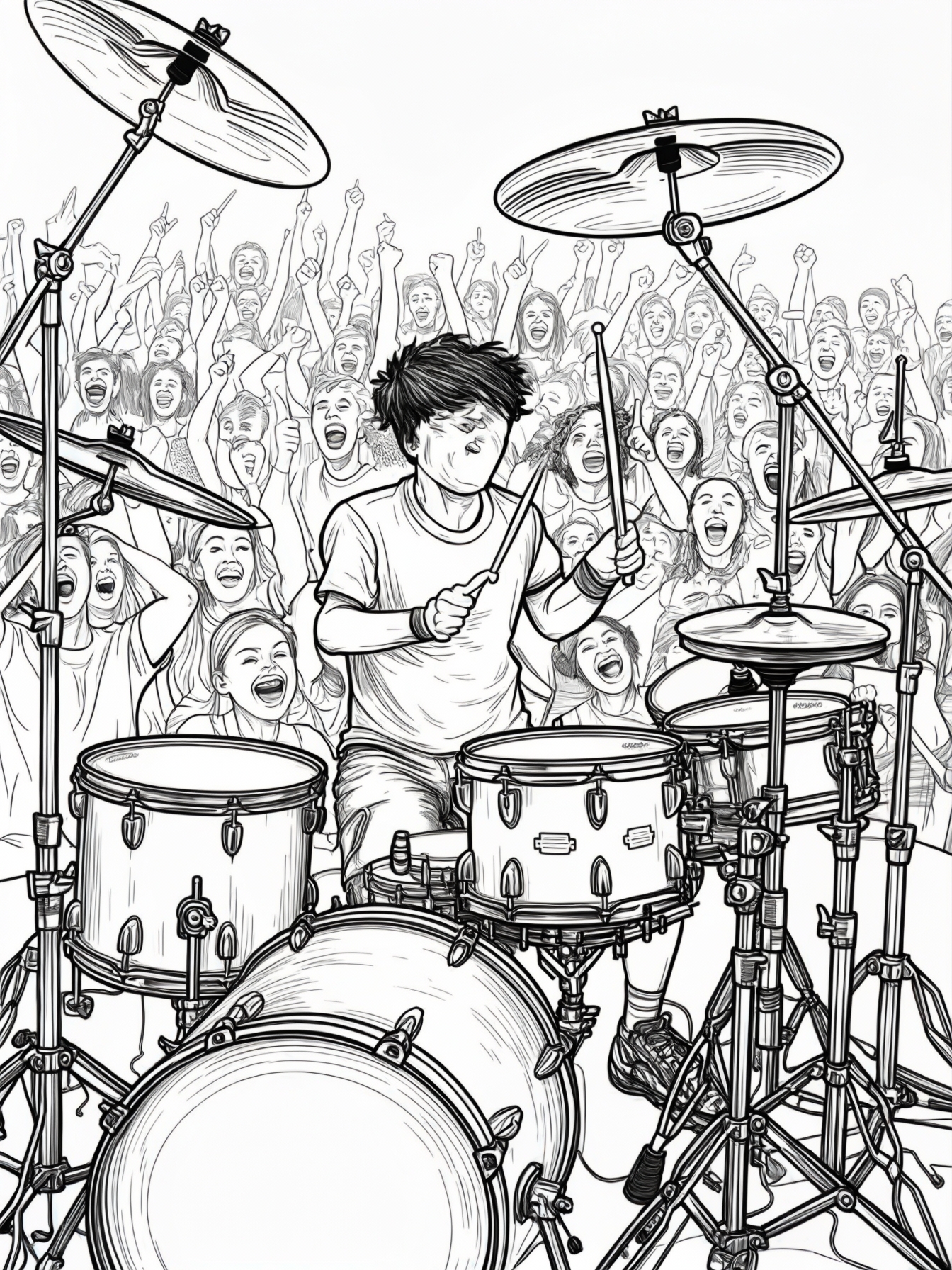 A drummer energetically playing a drum set with cymbals and a crowd cheering in front.