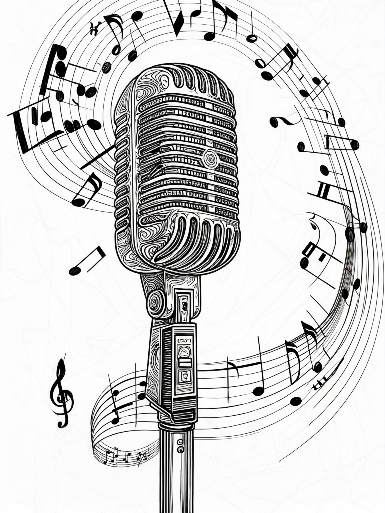 A microphone on a stand with musical notes swirling around it, waiting for a rockstar to sing.