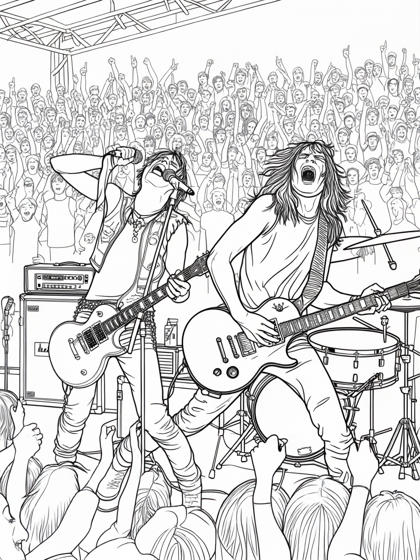 A rock band with a lead singer, guitarist, and drummer performing in front of a cheering audience.