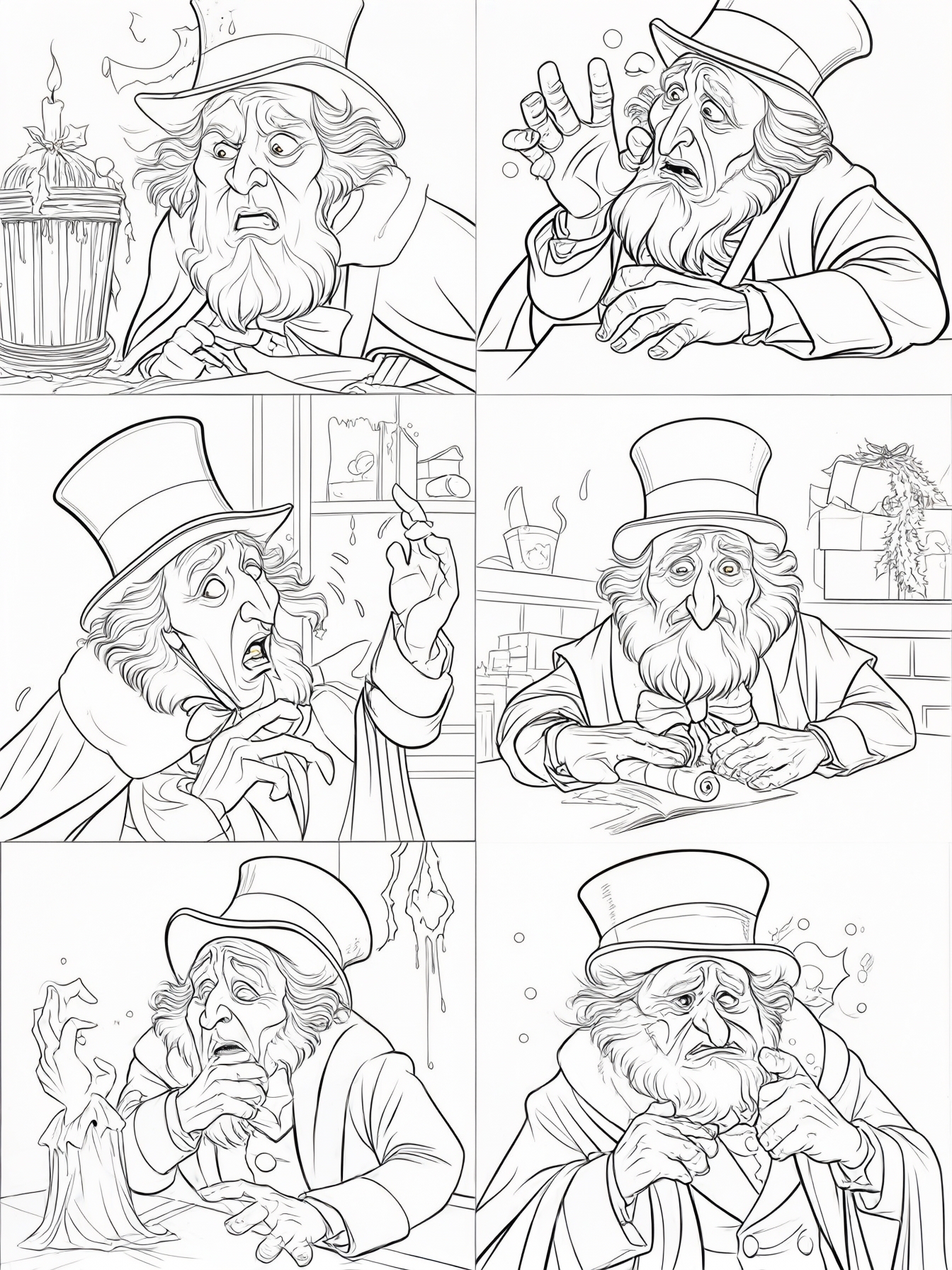 Scrooge in different moods as he experiences the ghosts of Christmas!