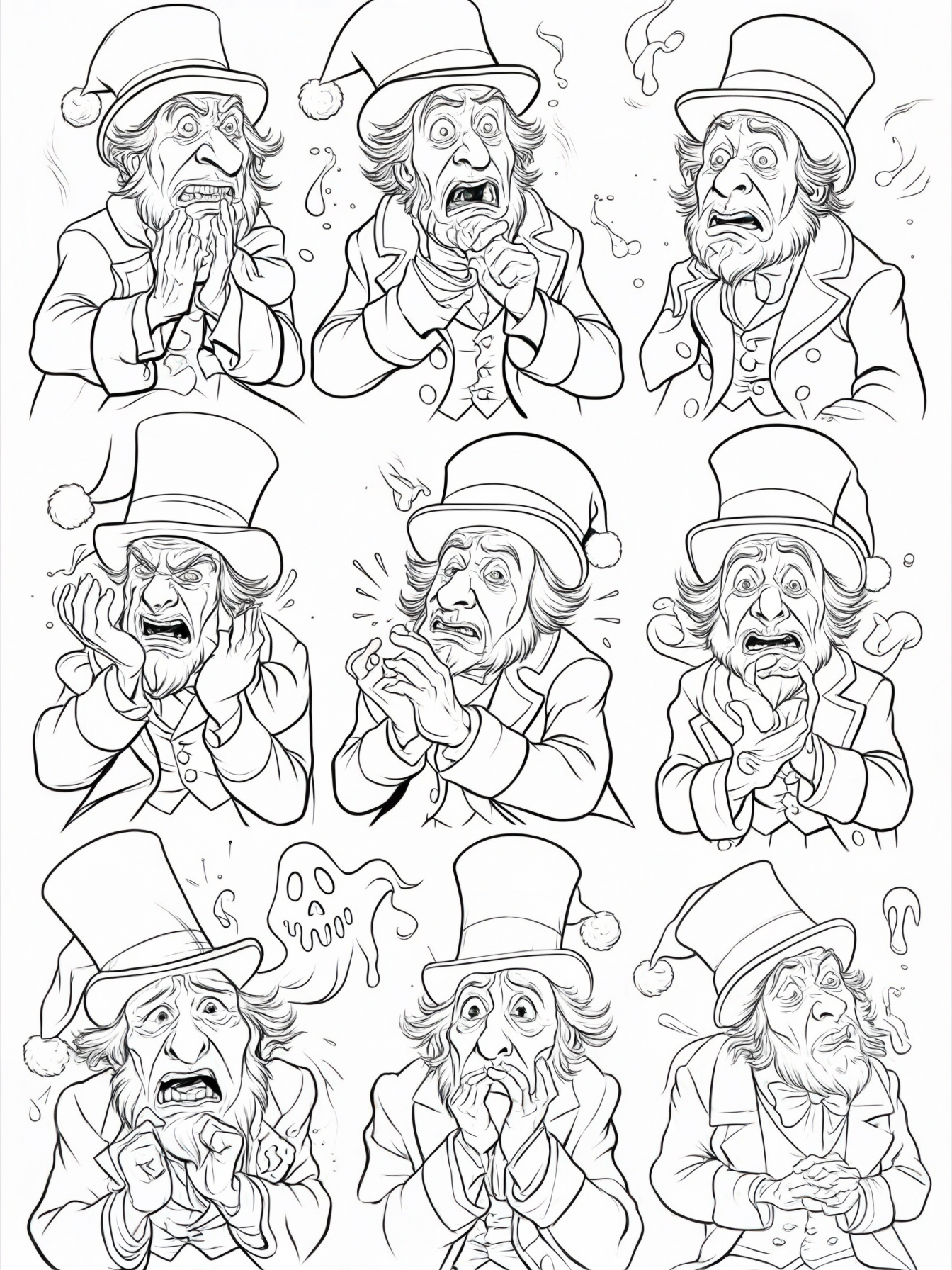 christmas Scrooge in different moods as he experiences the ghosts of Christmas!