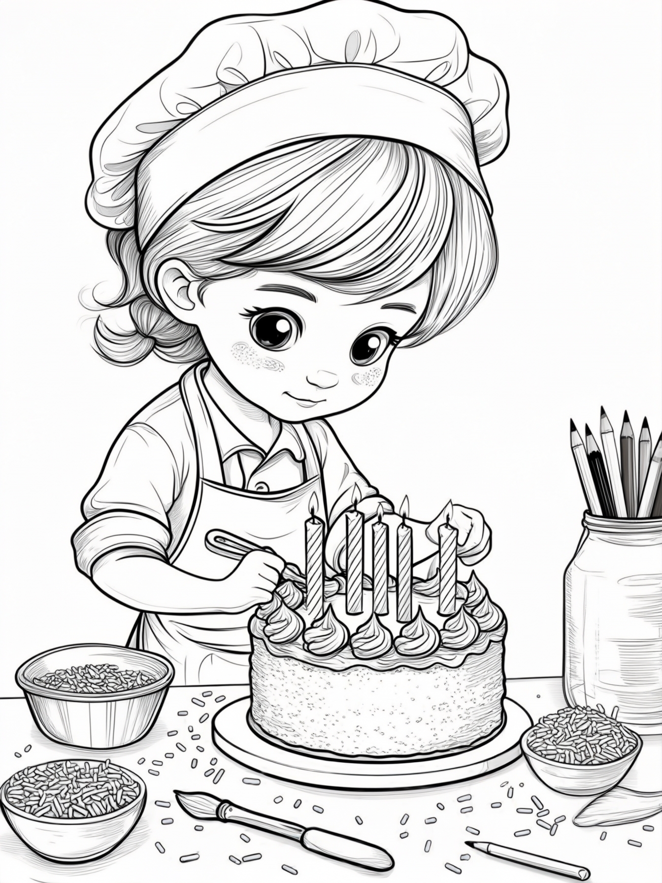 A little baker decorating a birthday cake with frosting and sprinkles.