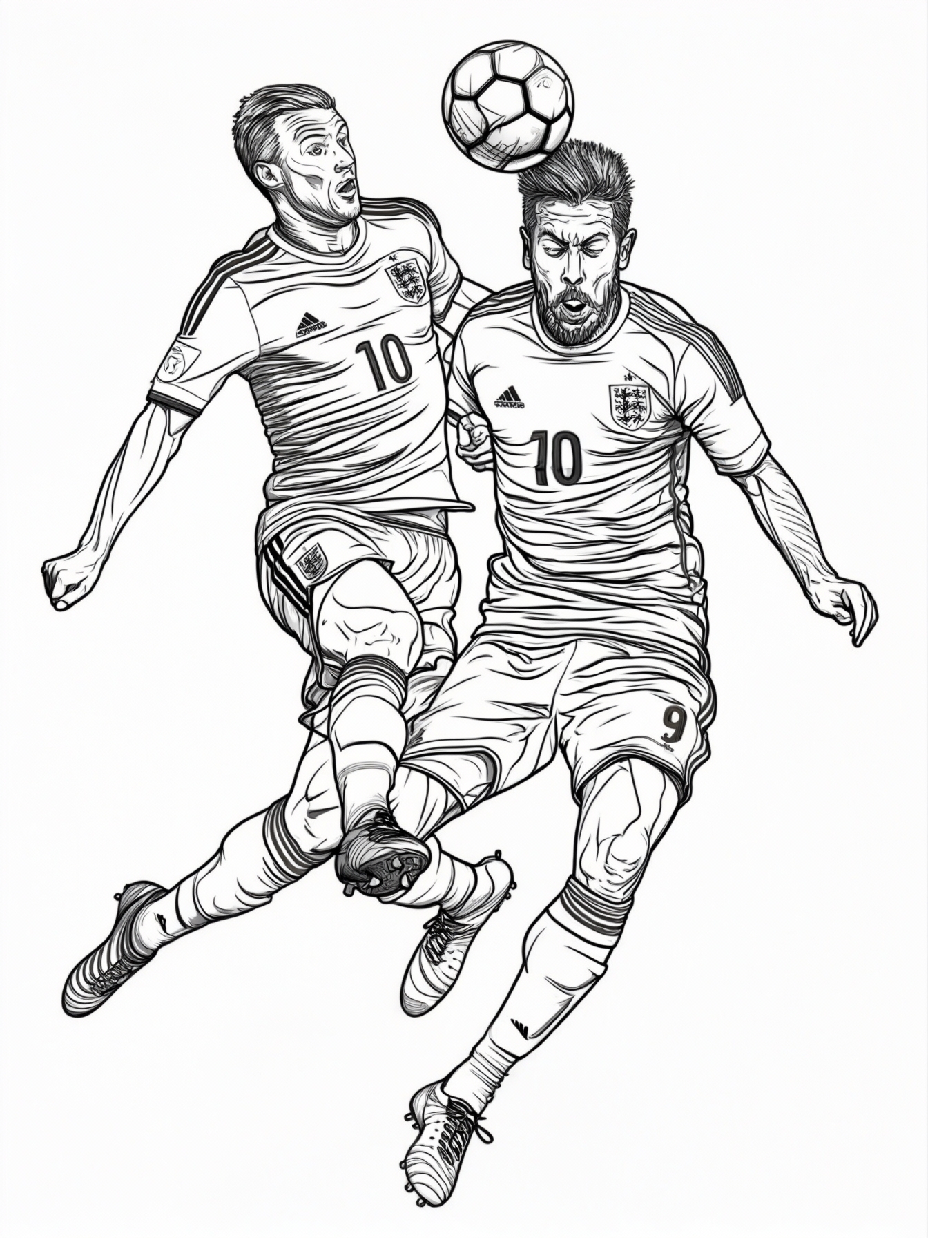 Two football players jumping in the air to head the soccer ball during a match.