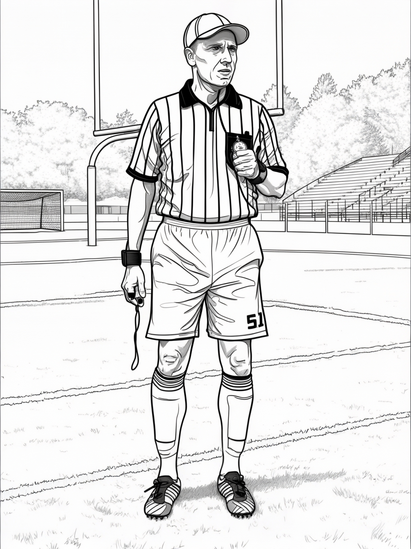 A referee holding a whistle and a stopwatch, standing on the football field.