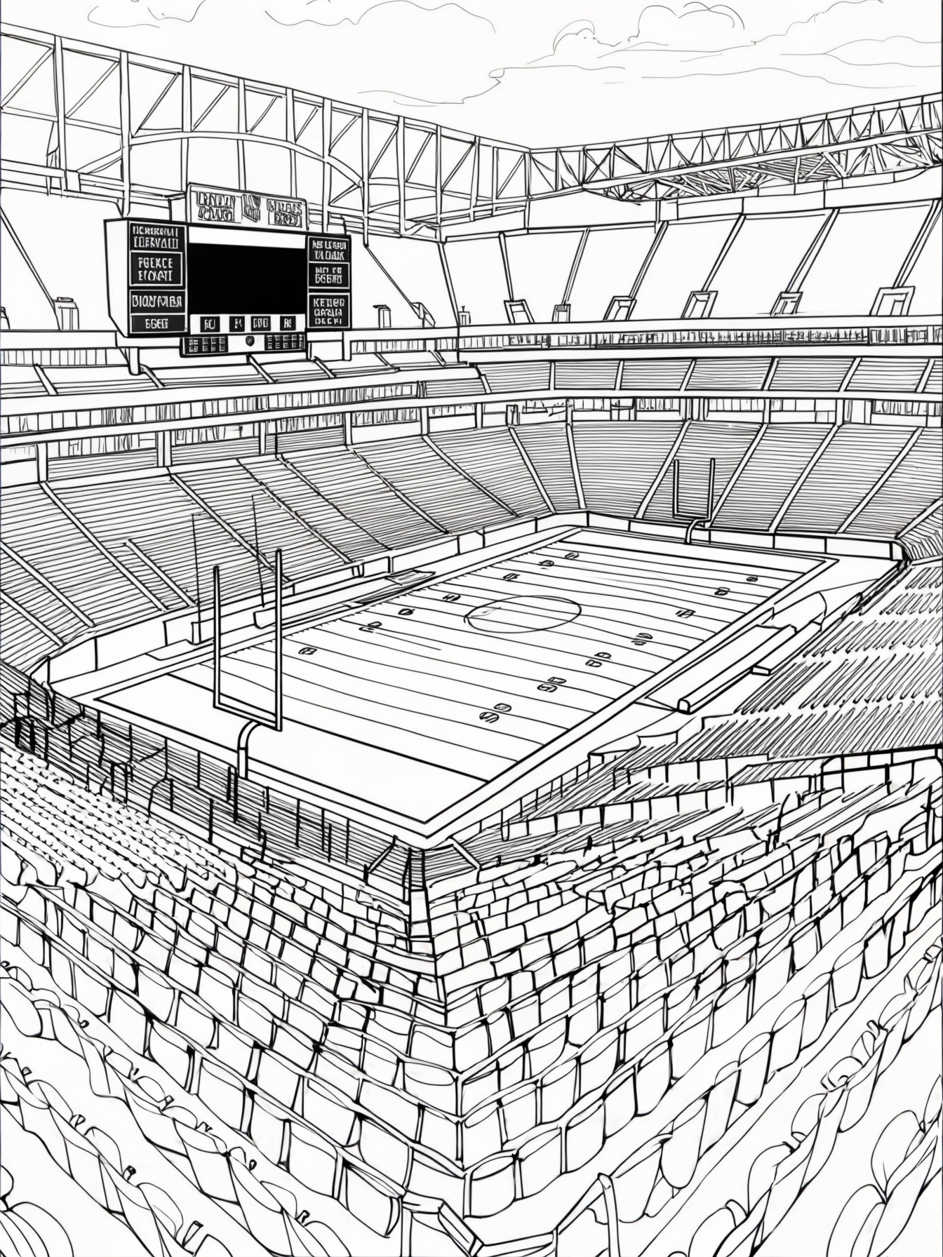 A detailed view of a football stadium with rows of seats and a giant scoreboard.