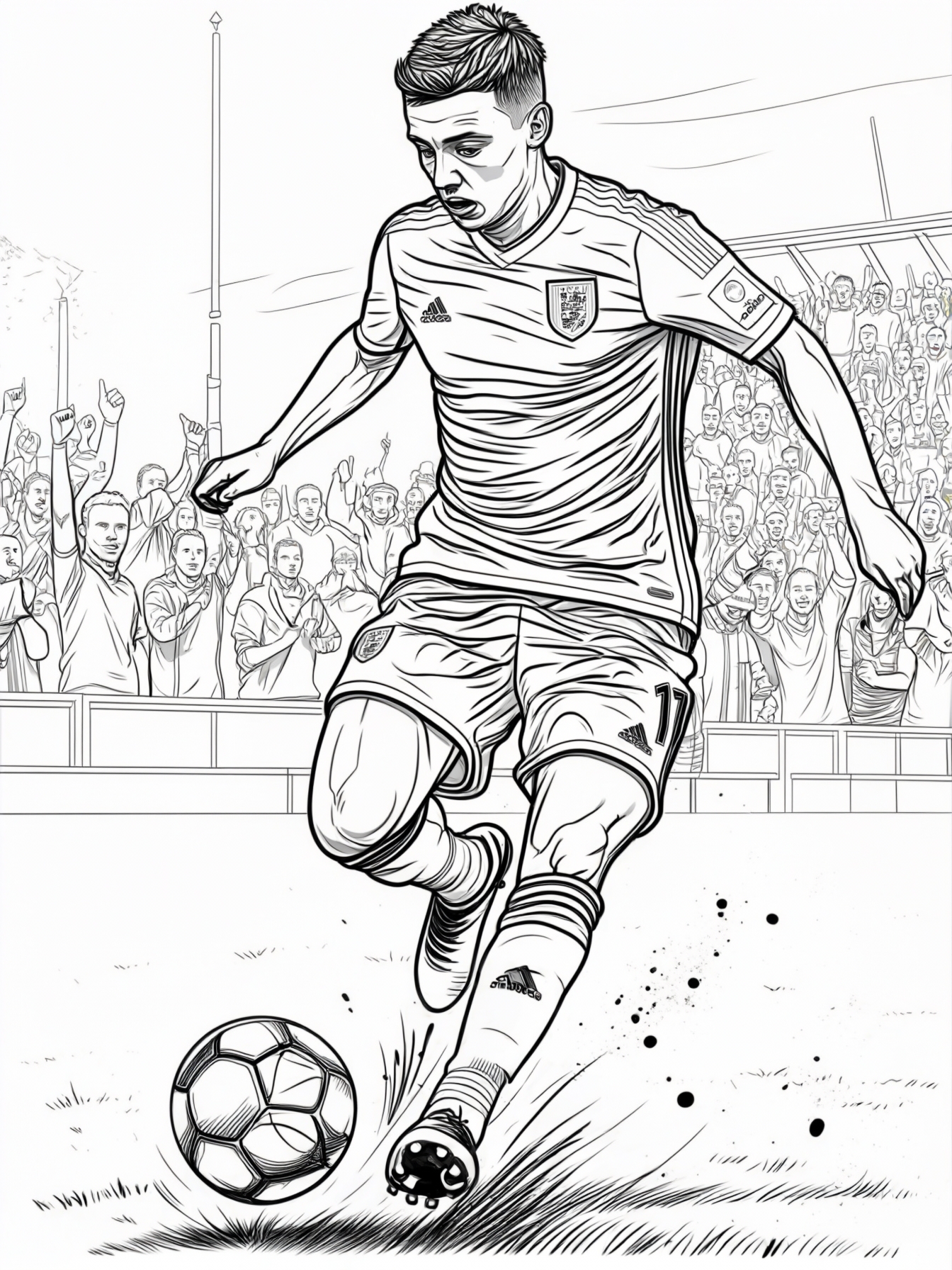 A football player kicking a soccer ball towards the goal post with a cheering crowd in the background.