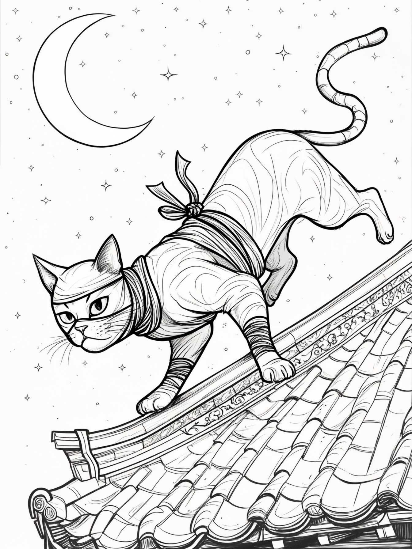 A stealthy cat ninja sneaking across a rooftop under a crescent moon, with stars twinkling in the night sky.