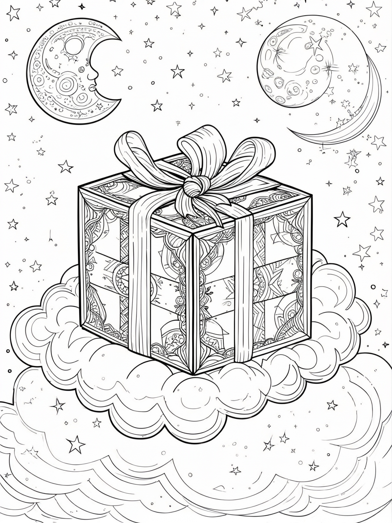 A mystery box floating on a cloud with whimsical stars and moons surrounding it, waiting to be opened.