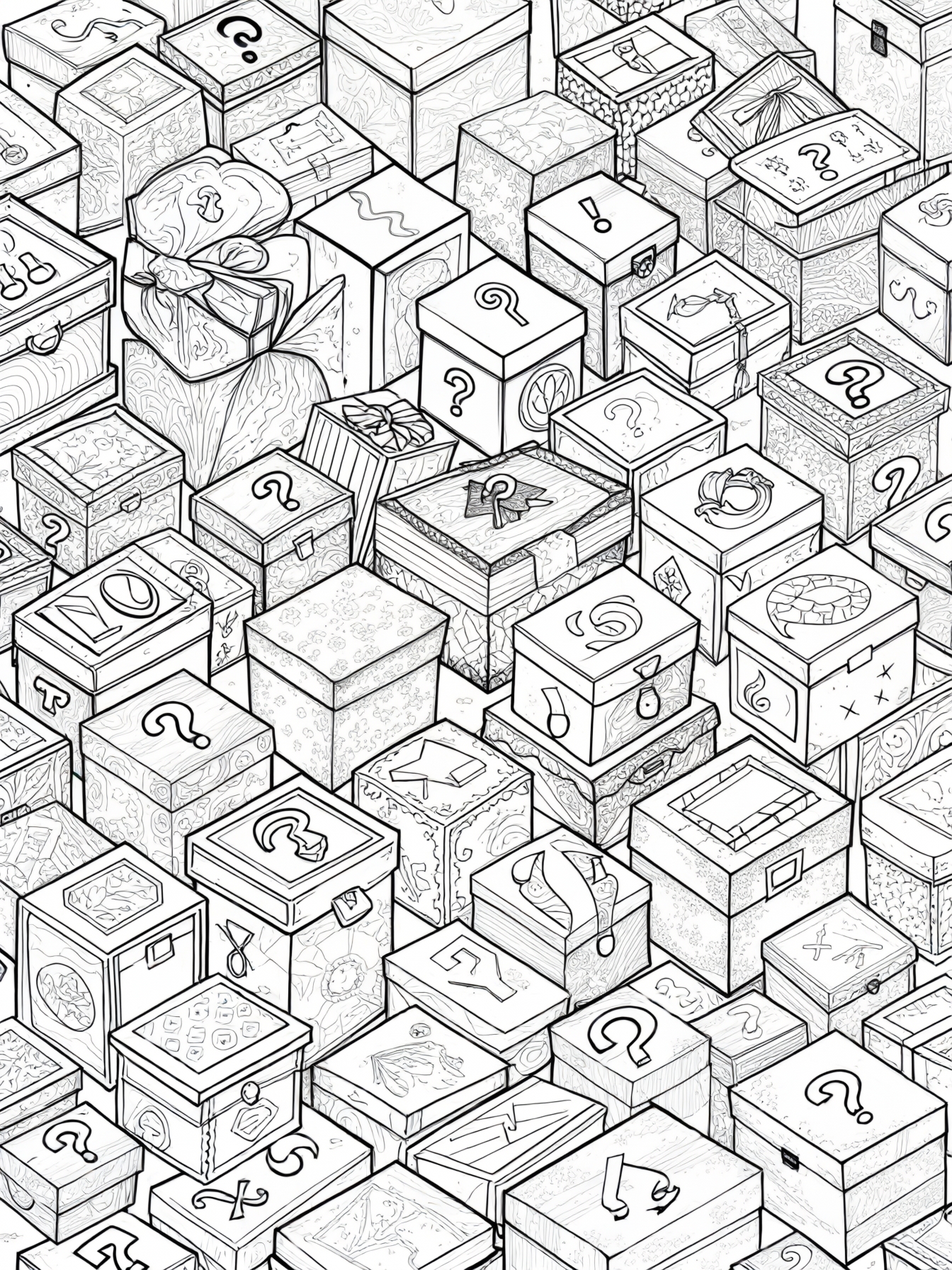 A room full of different-sized mystery boxes, each with unique symbols and question marks on them.