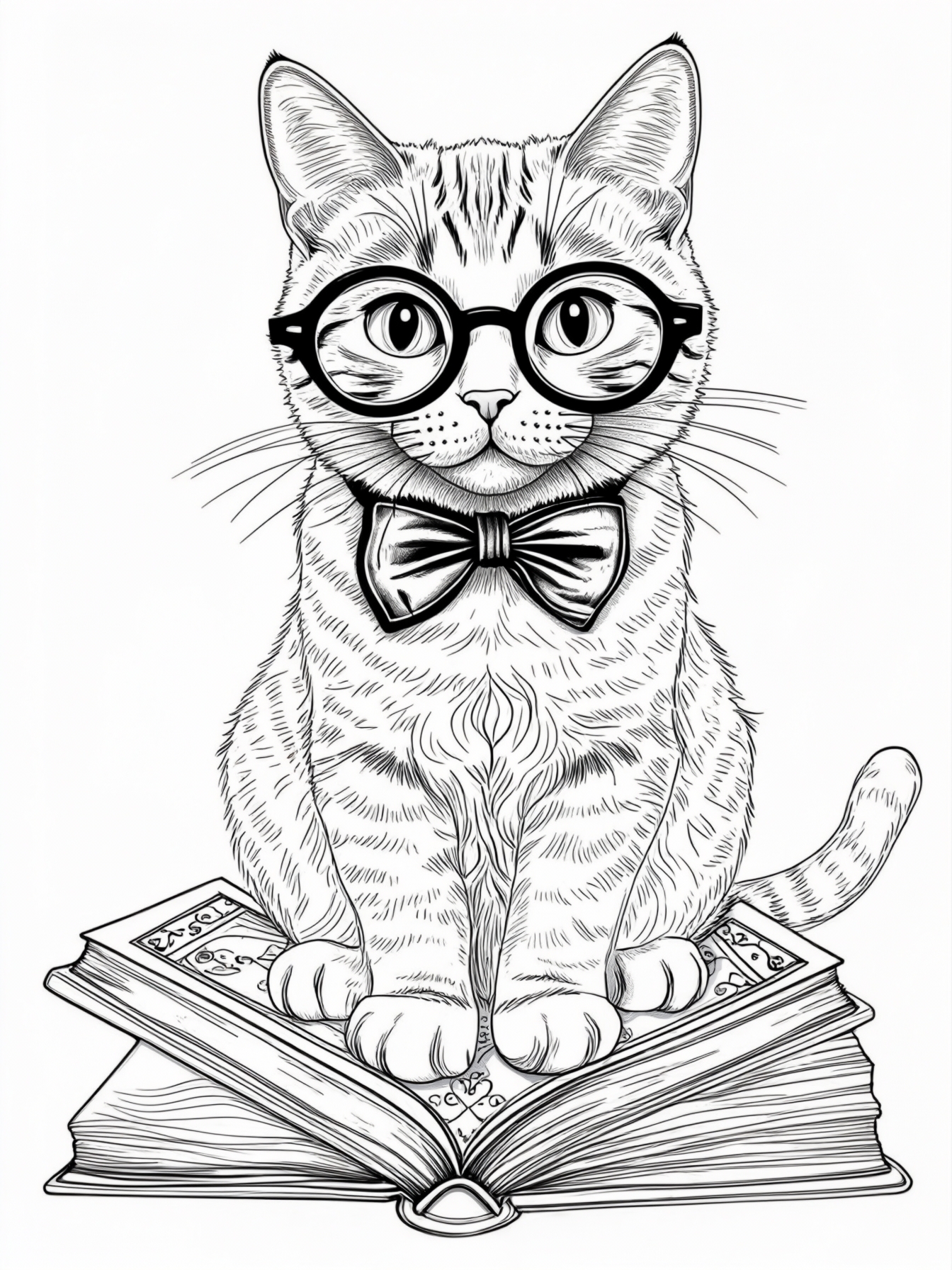 A cat wearing oversized glasses and a bow tie, sitting with a book upside down.