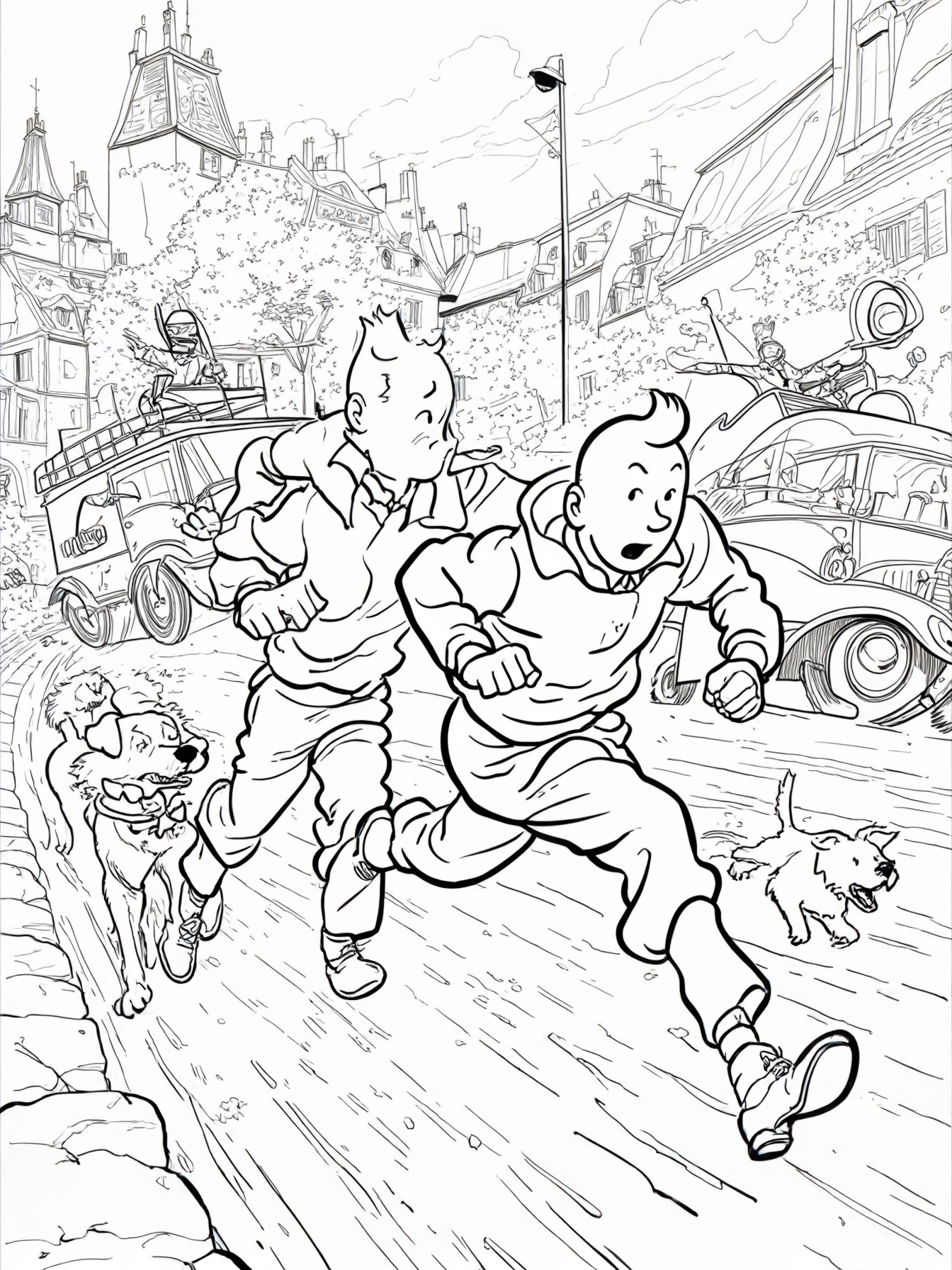 Color a thrilling chase scene with Tintin and his friends!