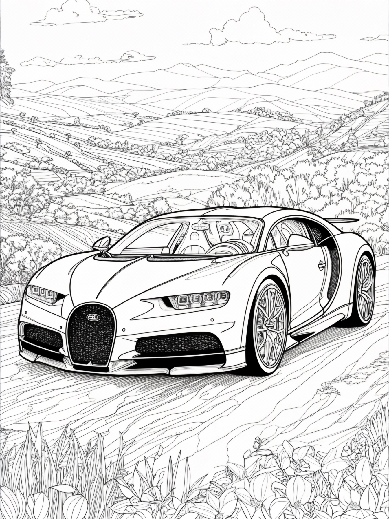 A stylish Bugatti parked in a scenic landscape