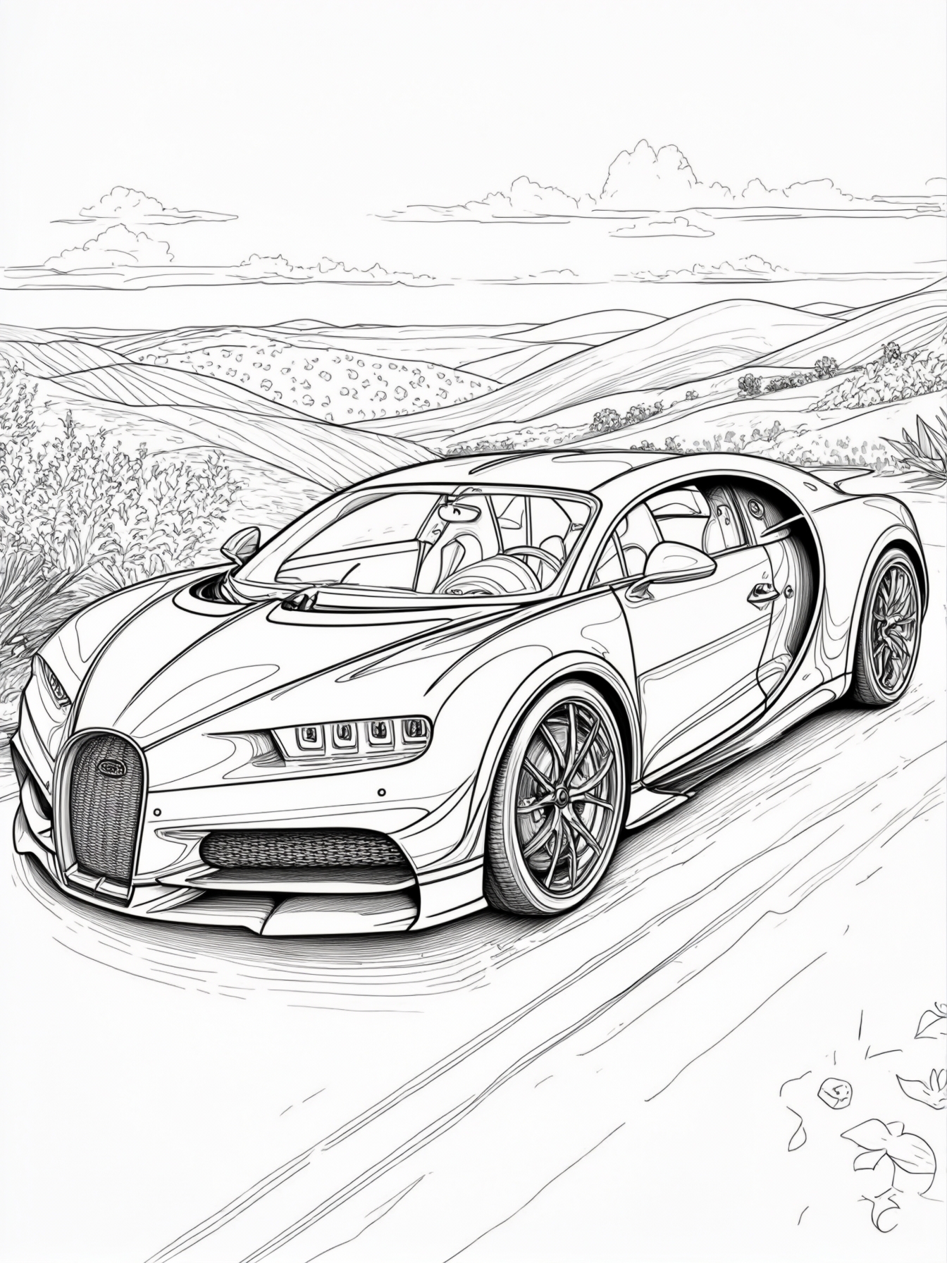 A stylish Bugatti parked in a scenic landscape