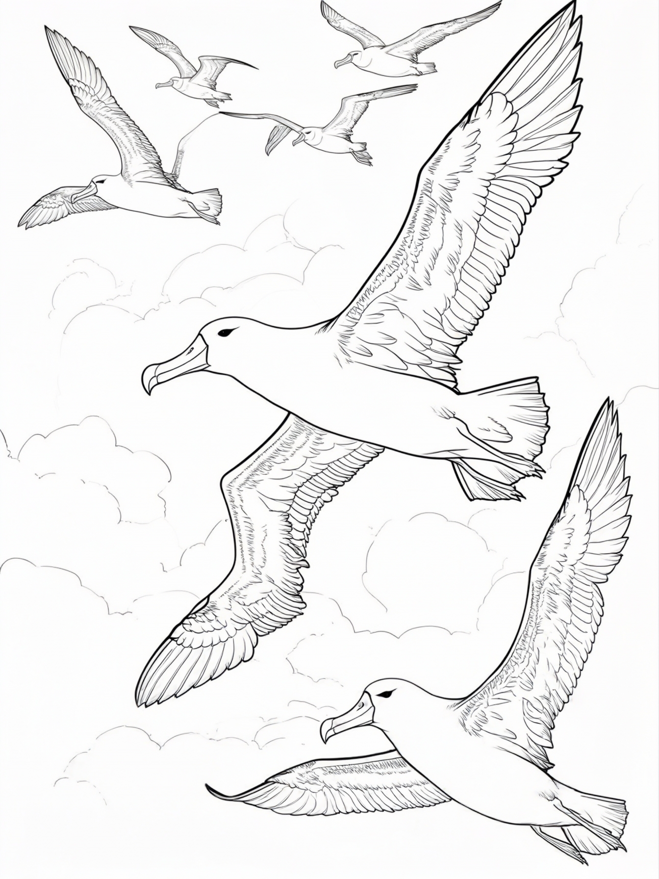 A playful albatross flying with friends in the sky