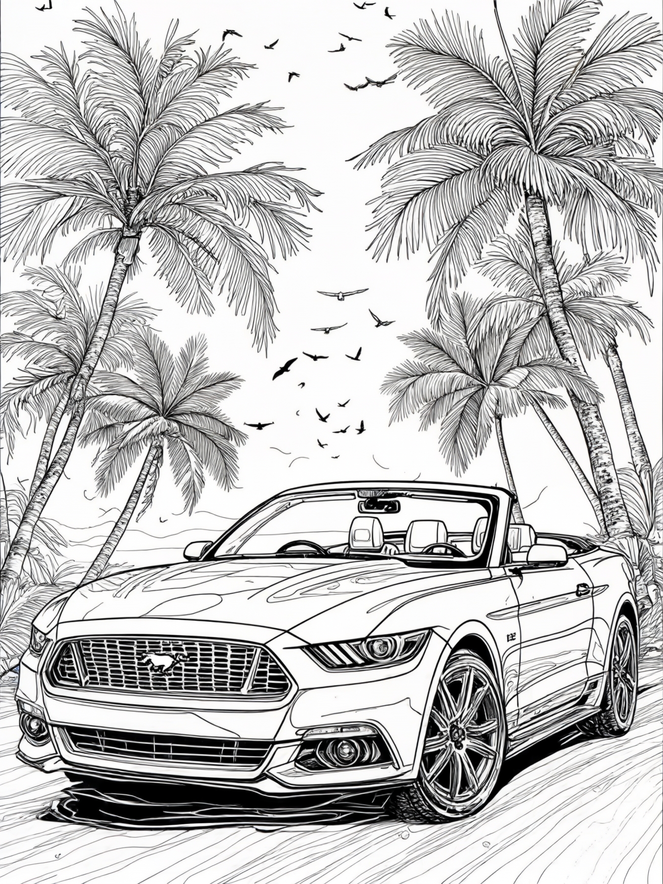 A convertible Ford Mustang with the top down, surrounded by palm trees and birds flying overhead.