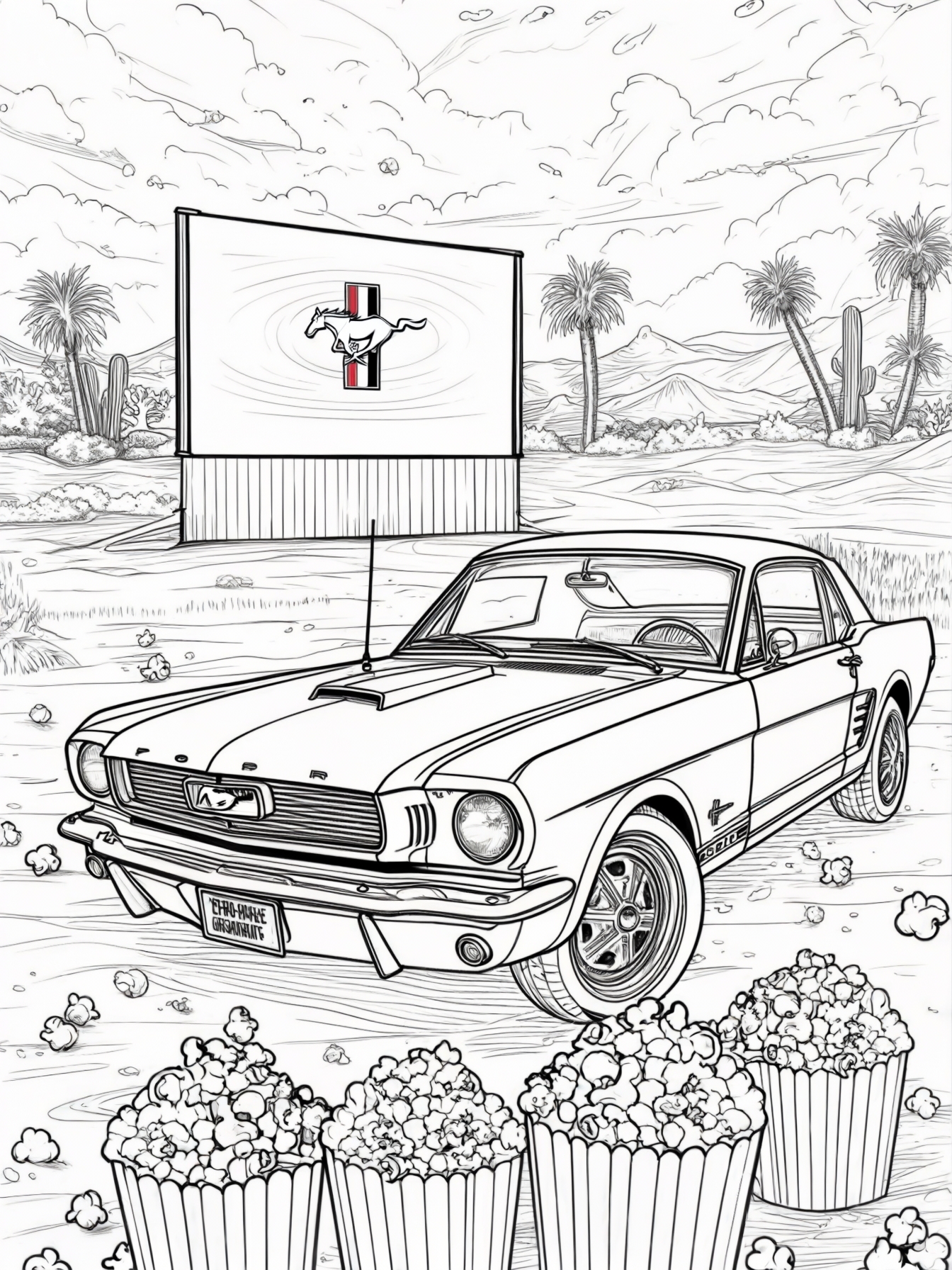 A classic Ford Mustang parked at a drive-in movie theater with popcorn buckets around.