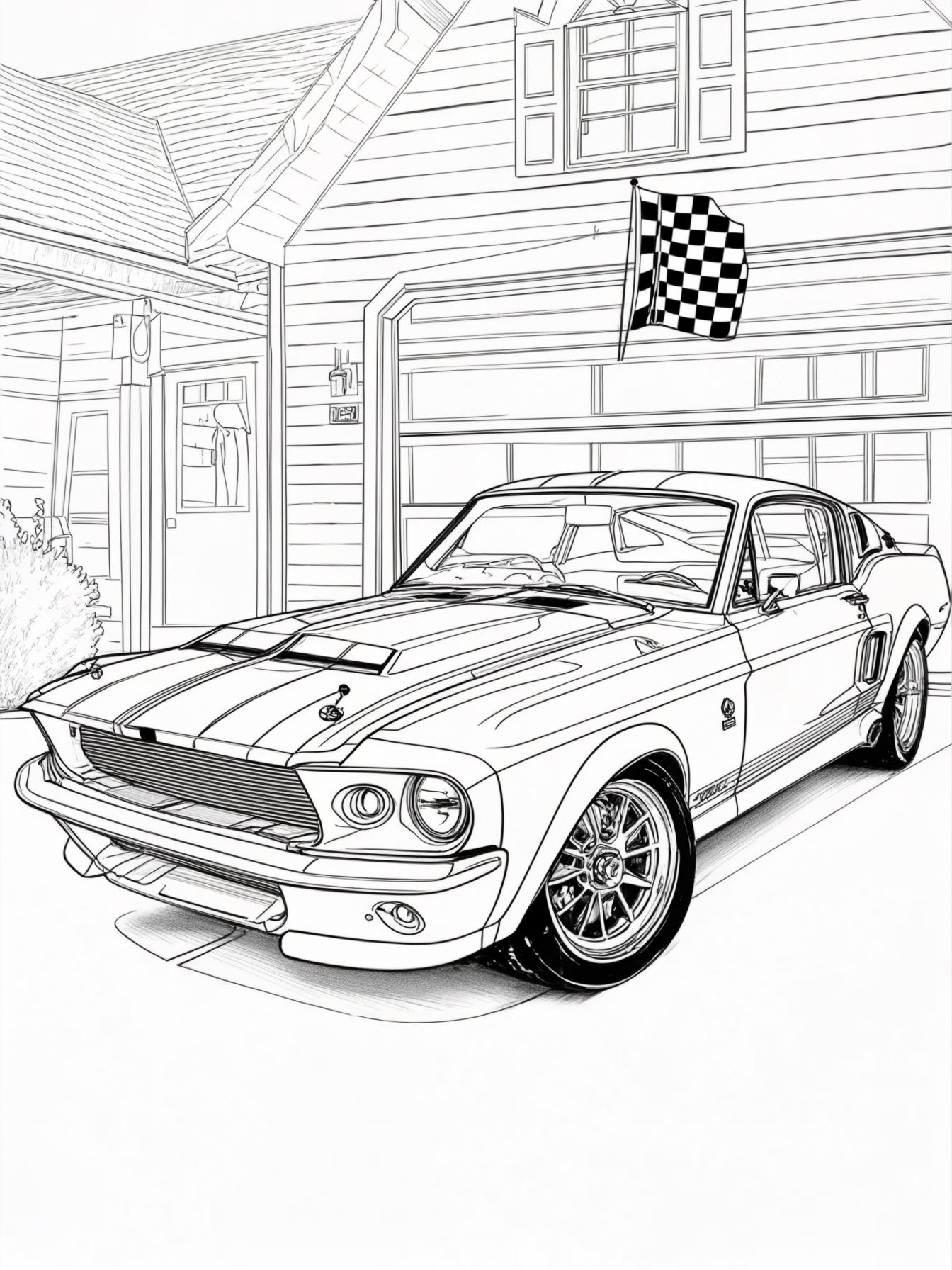 A Ford Mustang parked in front of a garage with a checkered flag hanging above the entrance.