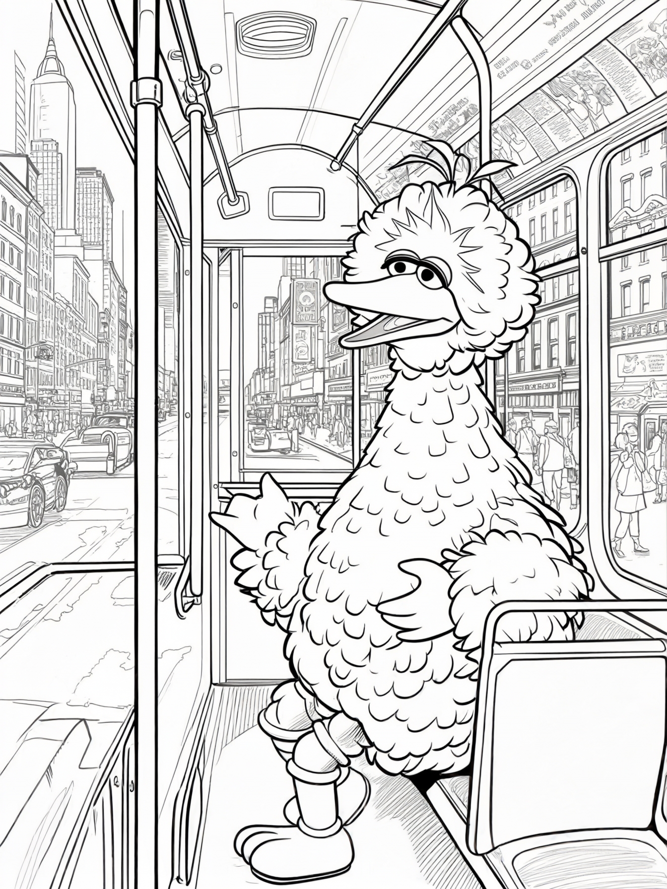 Big Bird from sesame street exploring the city while riding a bus.