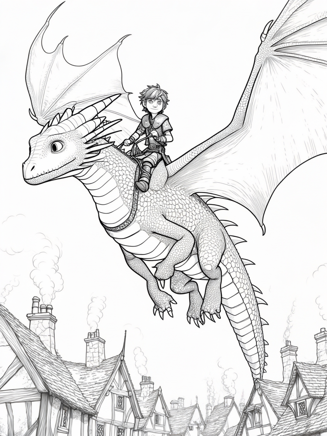 Hiccup and Astrid riding on the back of a dragon, flying over a village with smoke rising from chimneys.