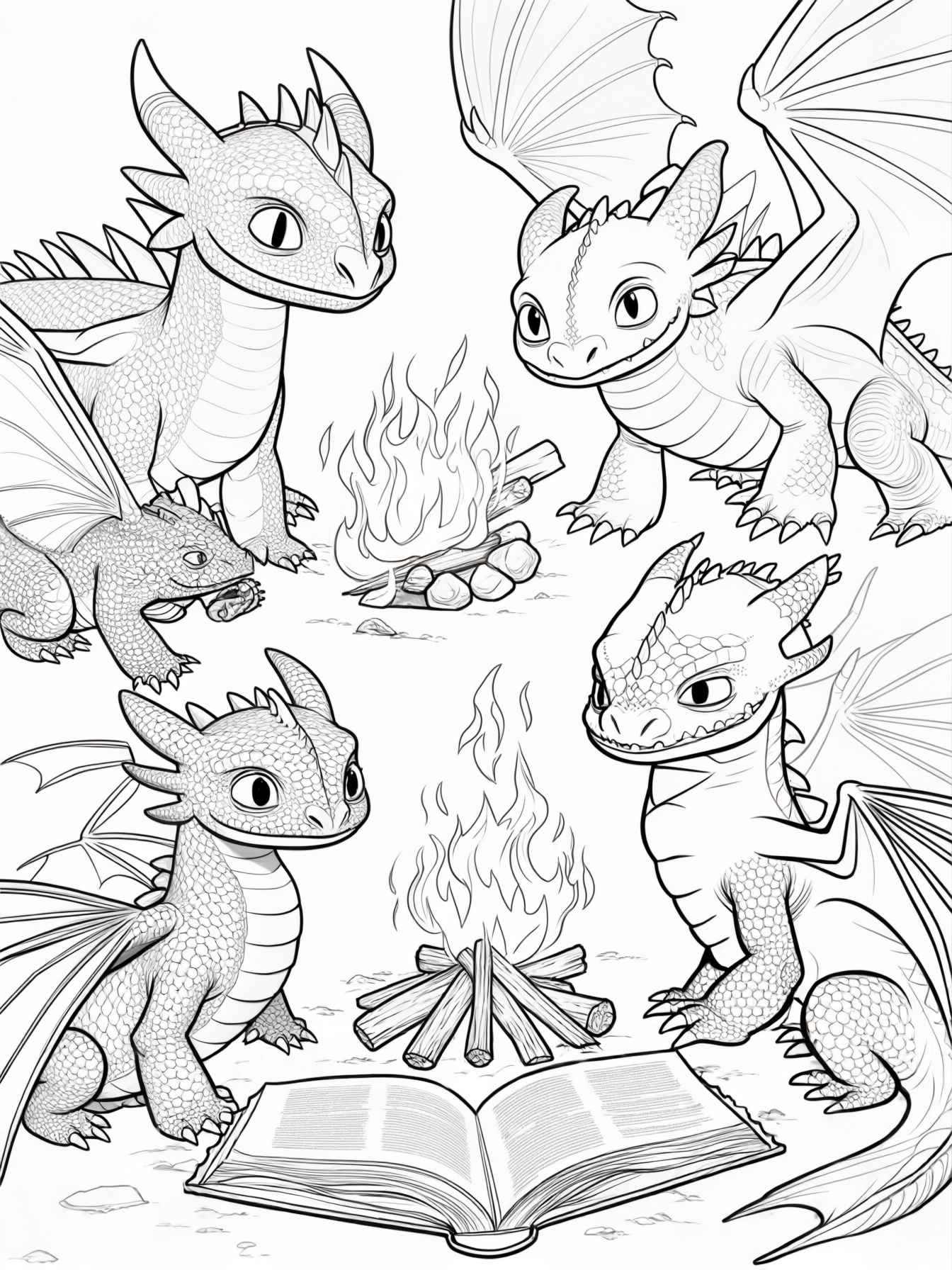 from "from "How to Train Your Dragon" A group of small dragons gathered around a campfire, looking curiously at a book open on the ground.
