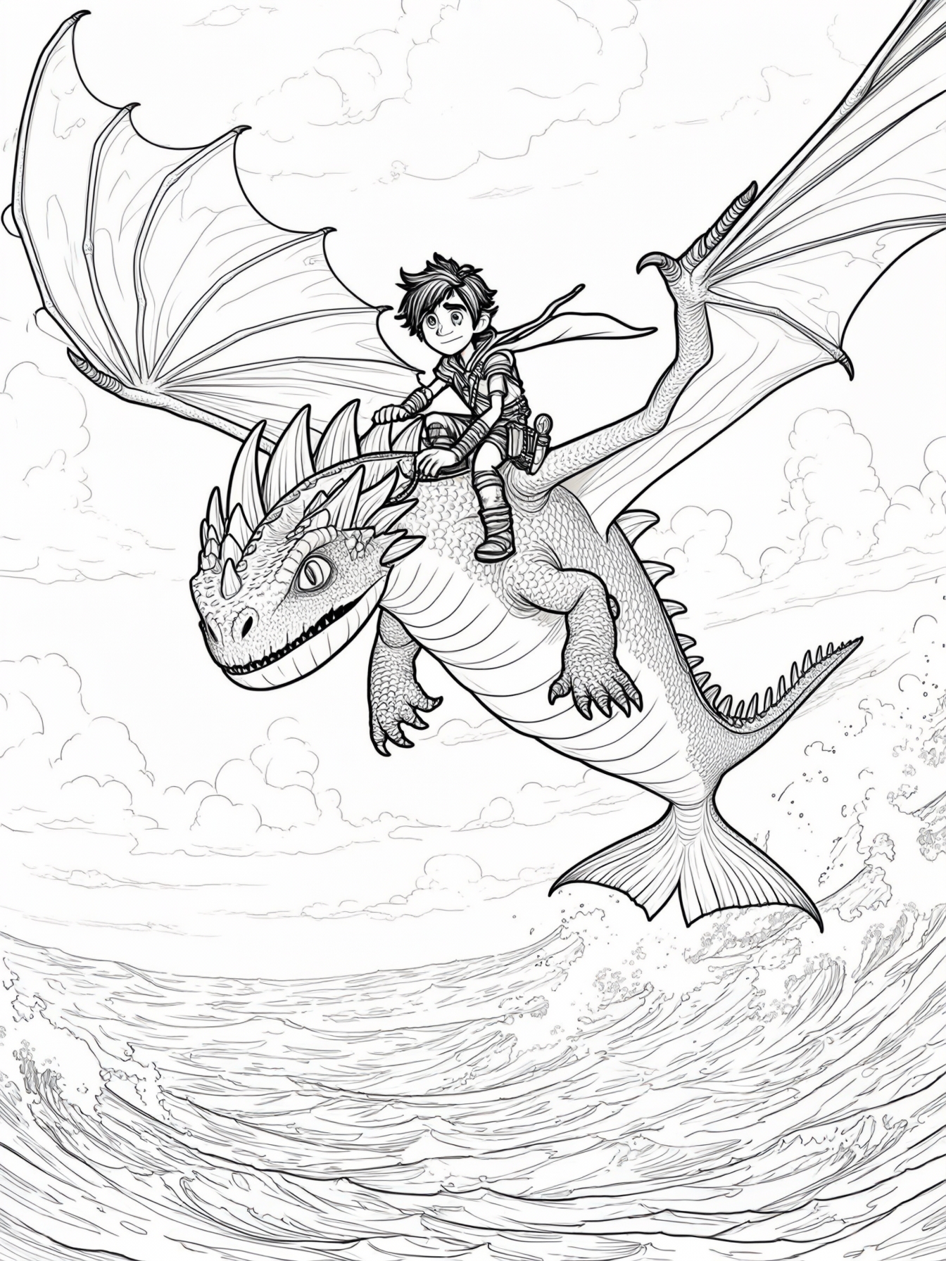 Hiccup riding a flying sea monster over the ocean
