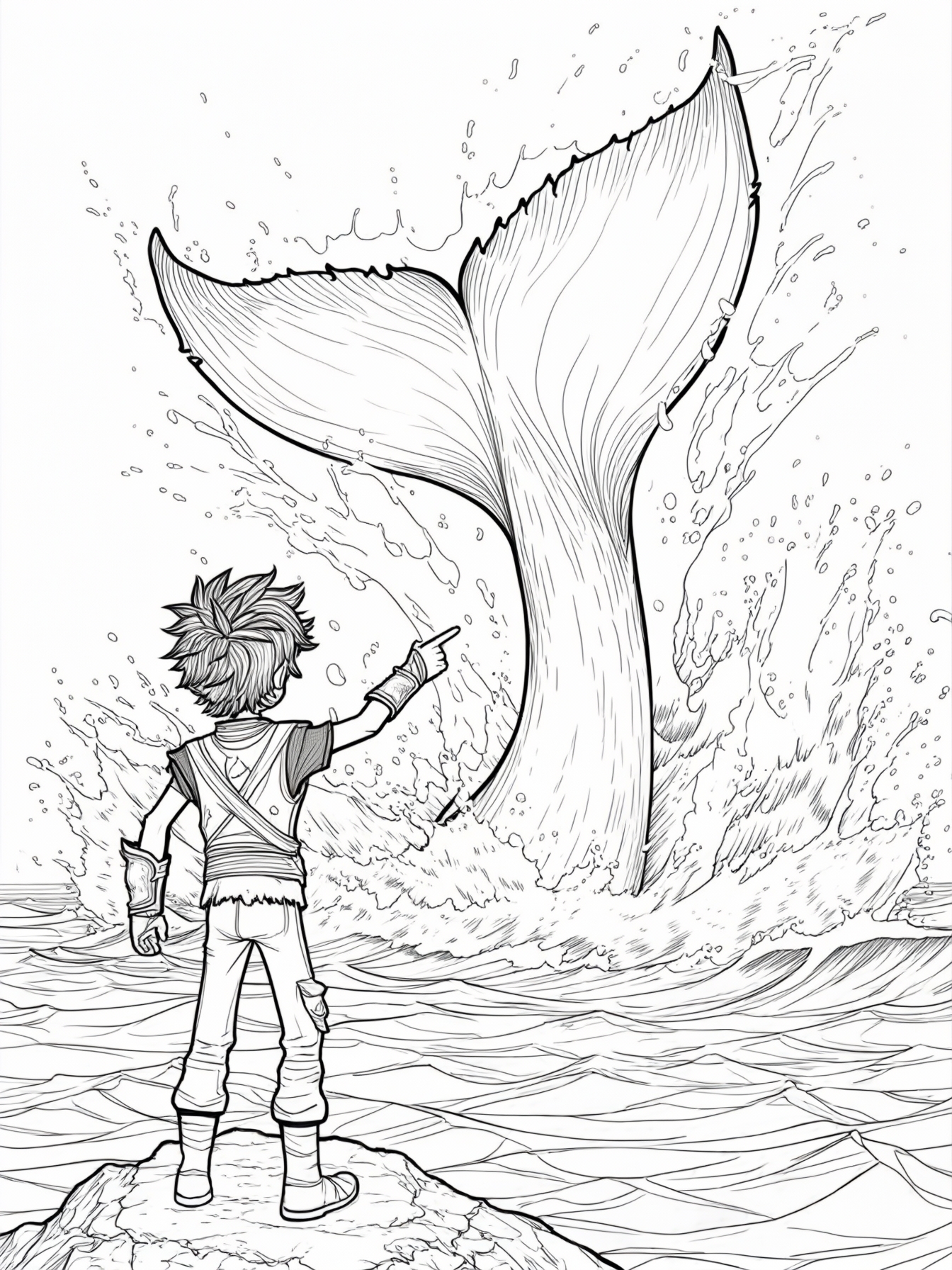 Hiccup standing on a rocky island, pointing at a giant sea monster tail splashing in the distance.