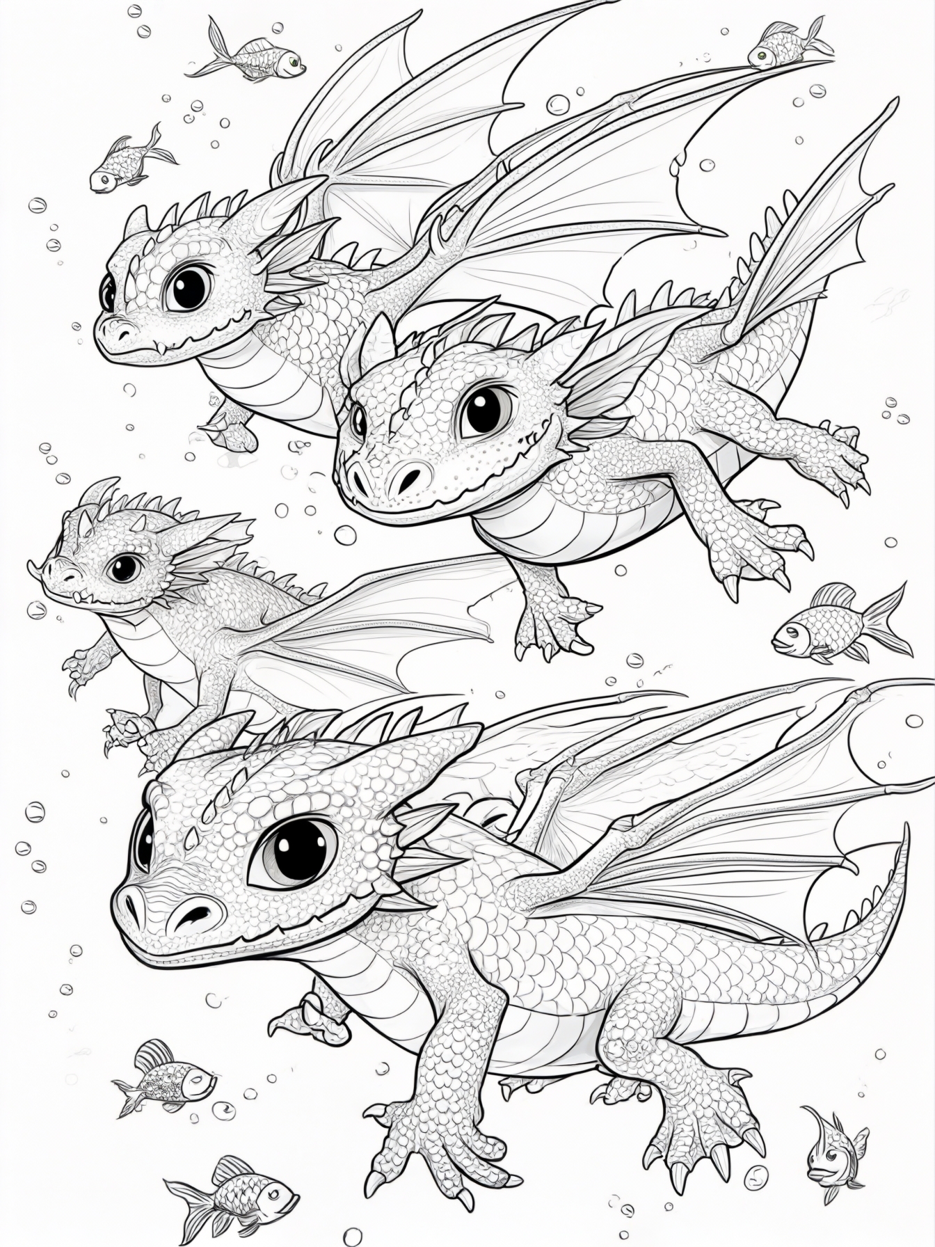 A group of playful baby dragons chasing after small, darting fish underwater.