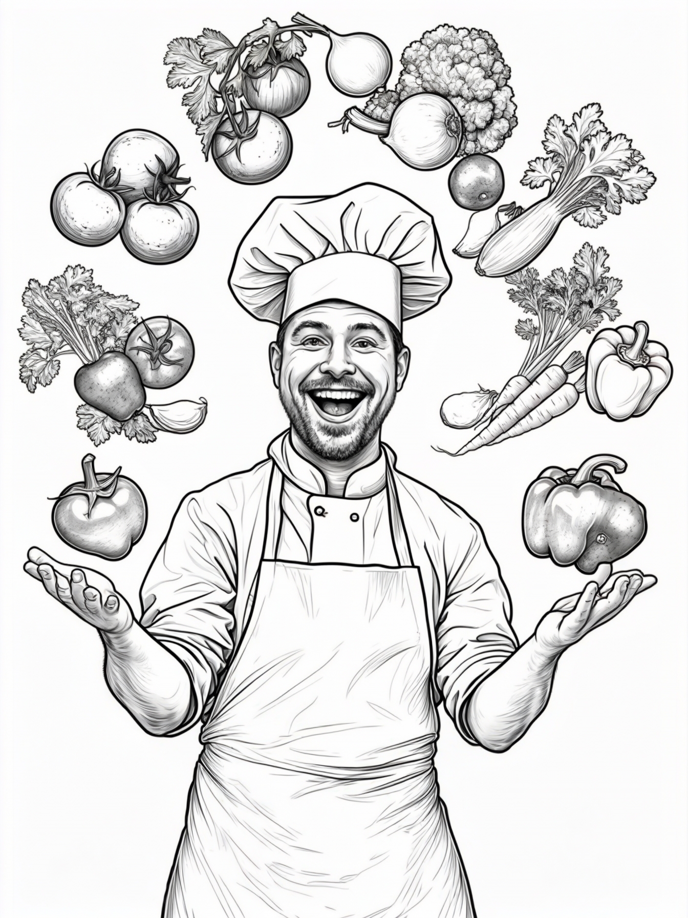 Chef juggling vegetables