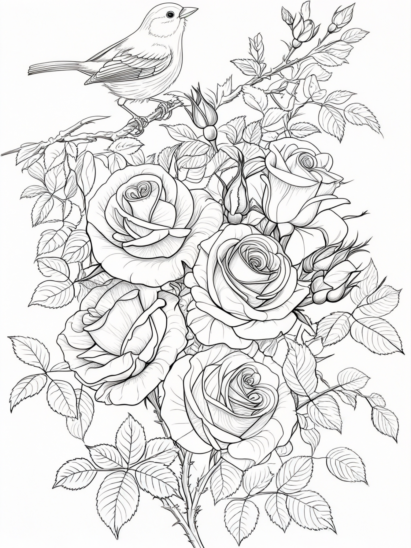 A cluster of roses growing on a bush, with a small bird sitting on a branch nearby.